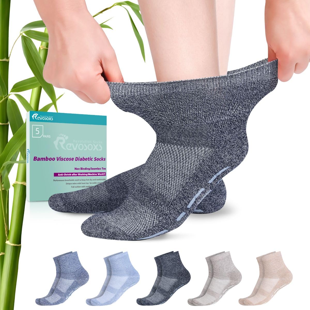 Revosoxs Diabetic Socks with Grippers for Men Women,5 Pairs Non Binding Diabetic Ankle Socks with Grips,Seamless Socks for Women