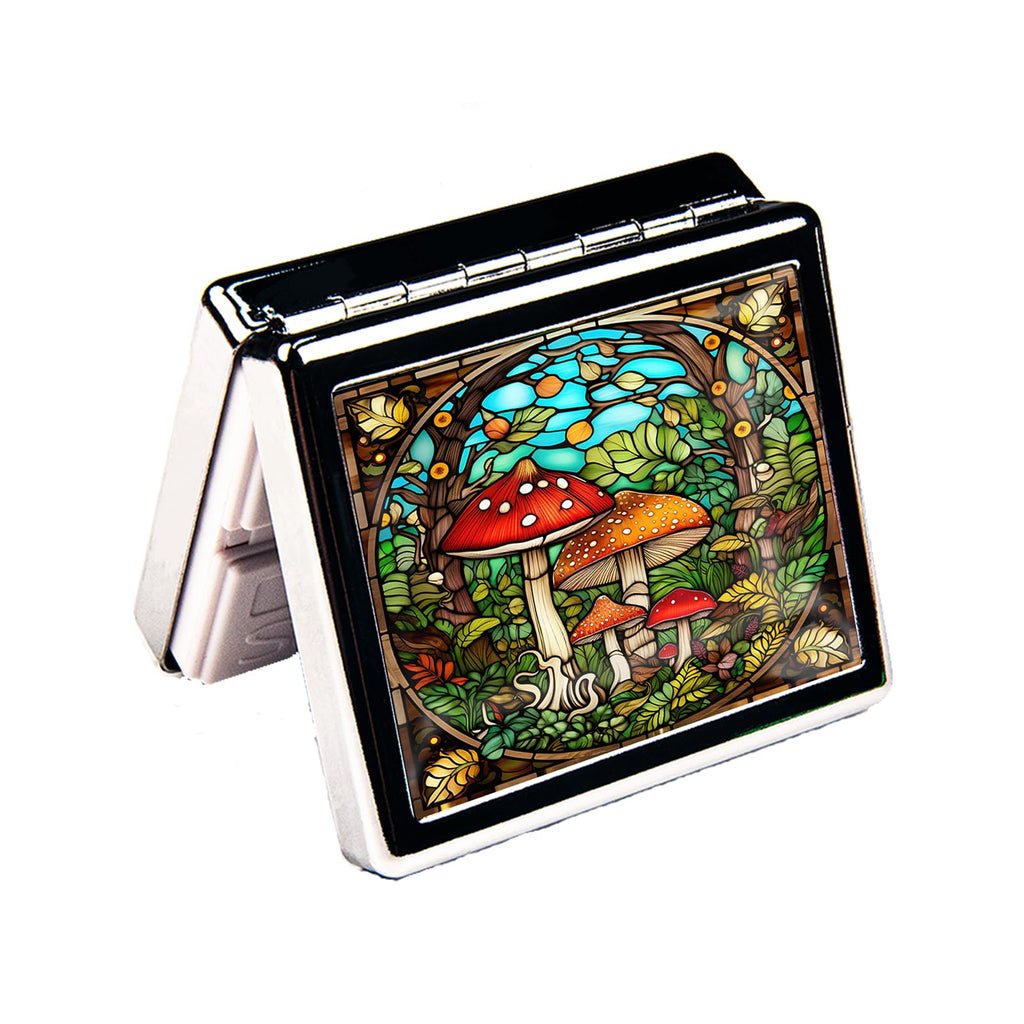 Travel Pill Organizer 7 Day Metal Pill Box with Mirror and 8 Compartments Cute Travel Pill Organizer for Purse (Mushroom Garden)