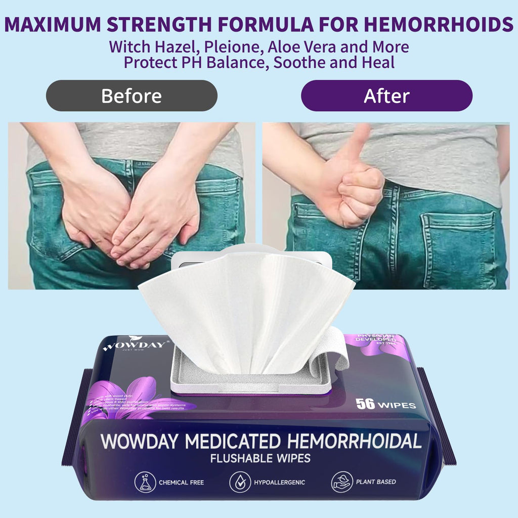 WowDay Flushable Hemorrhoid Wipes | Maximum Strength Witch Hazel Wipes | 240 Count Fragrance Free Adult Hemorrhoid Treatment Med