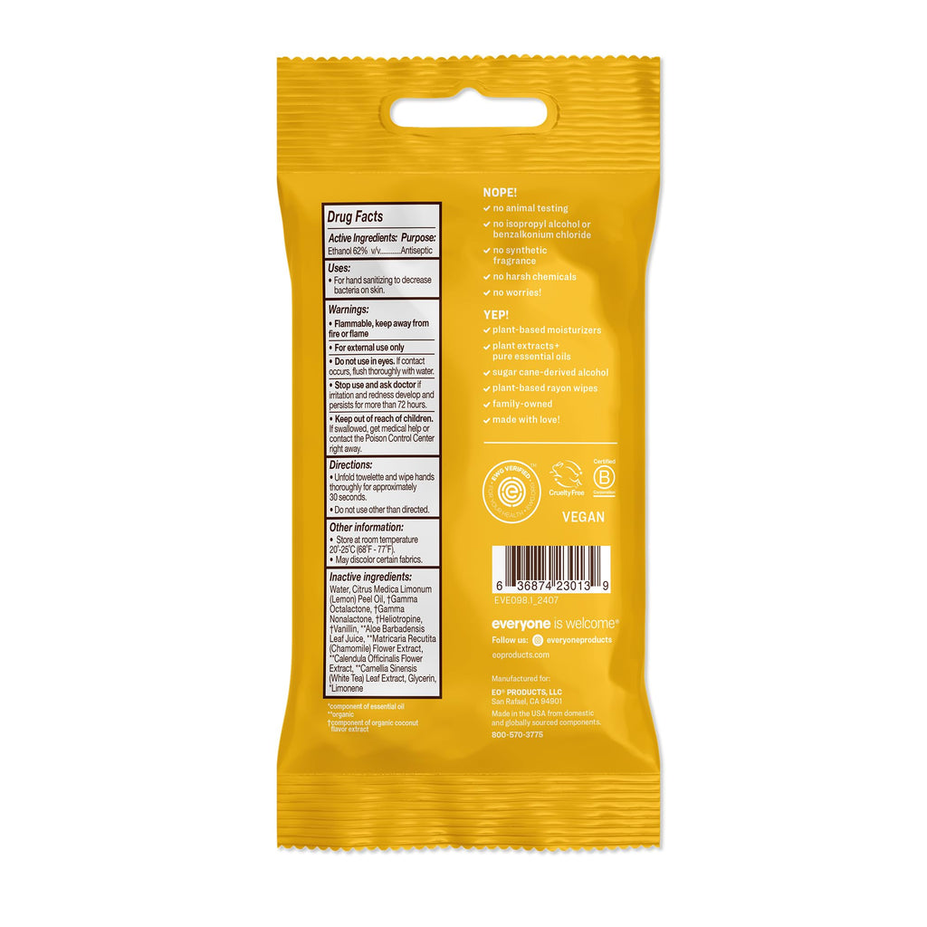 Everyone Hand Sanitizer Wipes, 15 Wipes (Pack of 6), Coconut and Lemon, Sugar Cane Derived Alcohol with Essential Oils, TSA frie