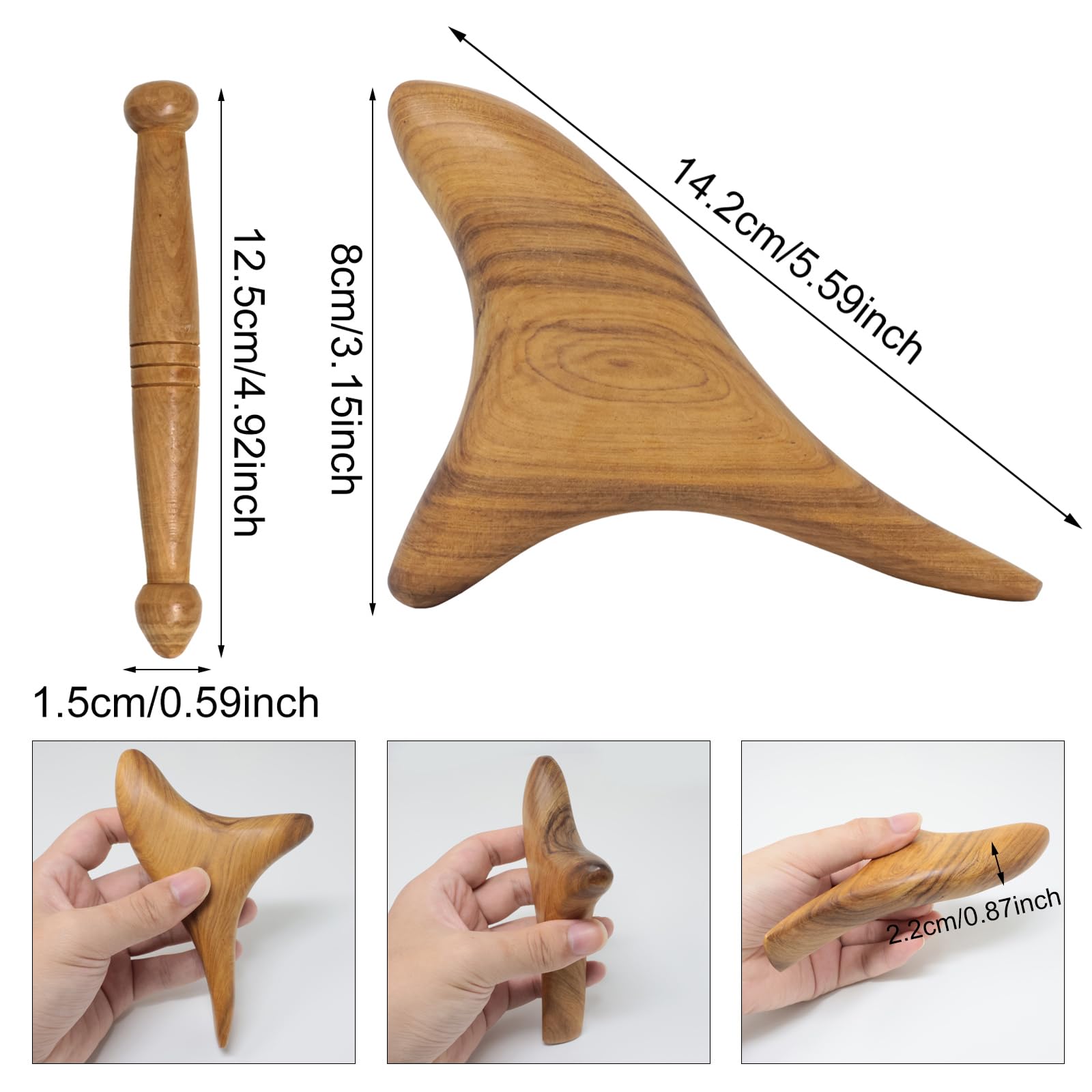 Honbay 2PCS Reflexology Tools Wood Body Massager Triangle Gua Sha Board Scraping Board Foot Massage Stick Tool Head Neck Hand Wa