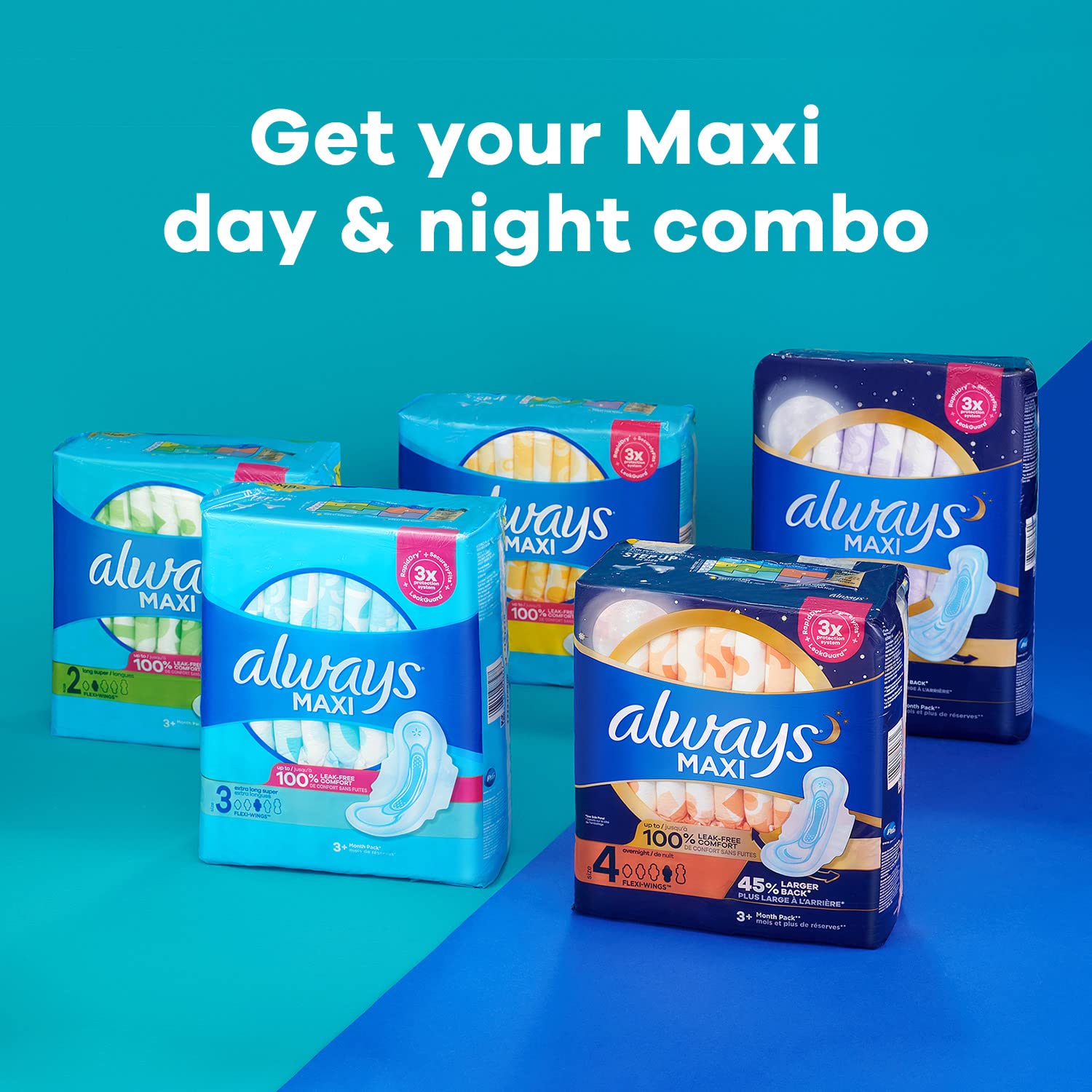 Always Maxi Feminine Pads For Women, Size 4 Overnight Absorbency, With Wings, Unscented, 26 Count