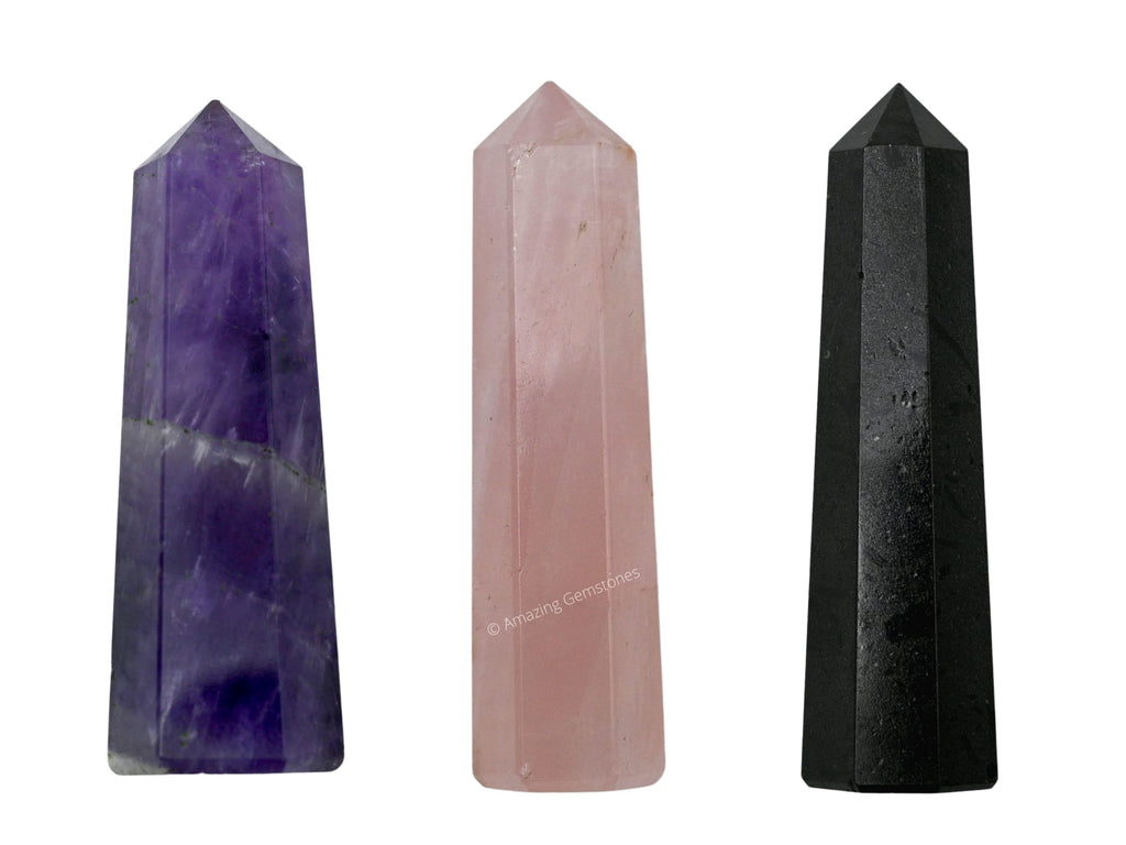Set of 3 Amethyst, Rose Quartz, Black Tourmaline Crystal Towers ~ Natural Healing Crystal Point Obelisk for Reiki Healing and Cr