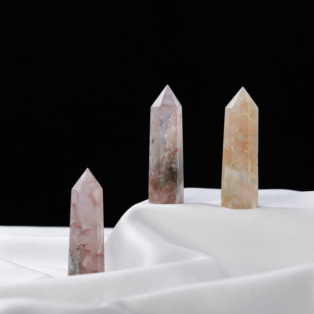 Runyangshi Natural Healing Crystals Cherry Blossom Agate Wands 2-2.4 Cherry Agate Single Point Healing Crystal Tower 6 Faceted R