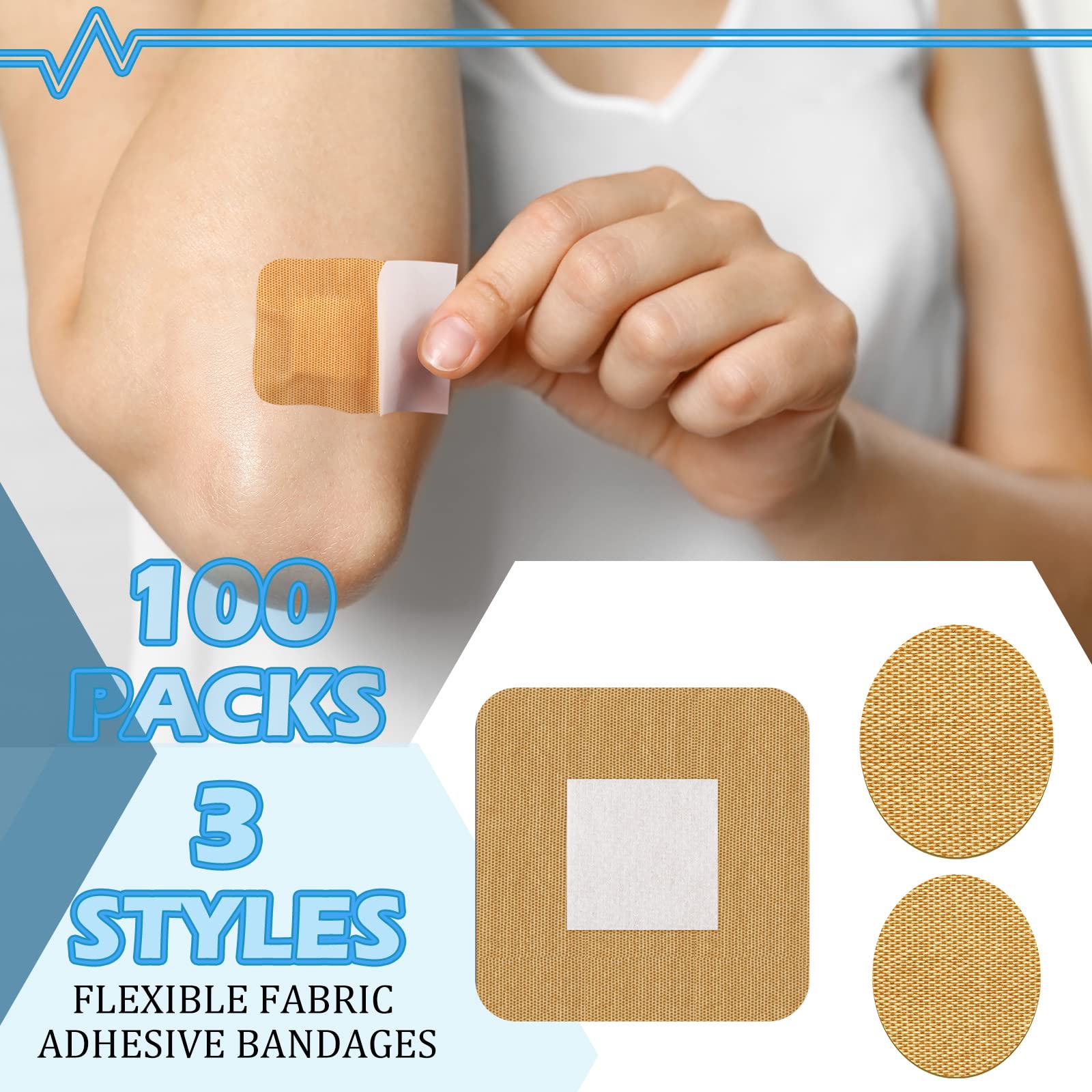 100 Pcs Spot Bandages Flexible Fabric Adhesive Knuckle Fingertip Bandages for Wound Care and First Aid Supplies, 3 Assorted Size