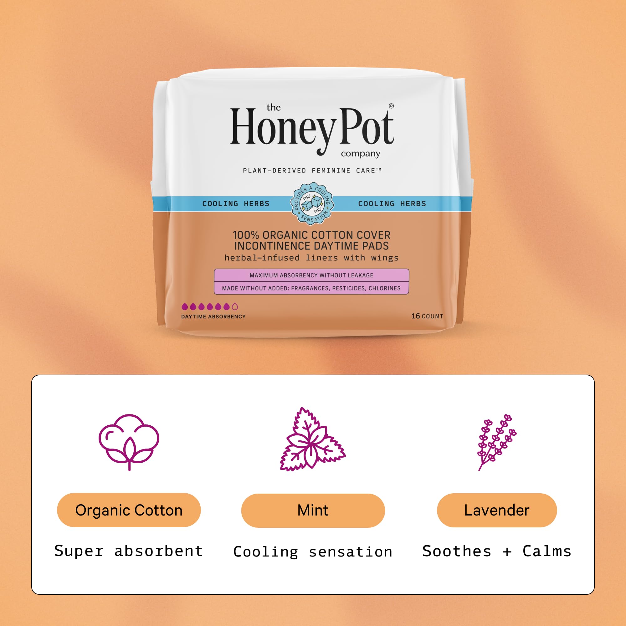 The Honey Pot Company - 64ct - Herbal Pads for Women - Organic Incontinence Daytime w/Wings. Infused w/Essential Oils for Coolin