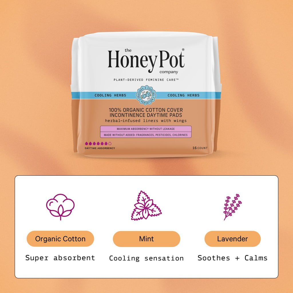 The Honey Pot Company - 64ct - Herbal Pads for Women - Organic Incontinence Daytime w/Wings. Infused w/Essential Oils for Coolin