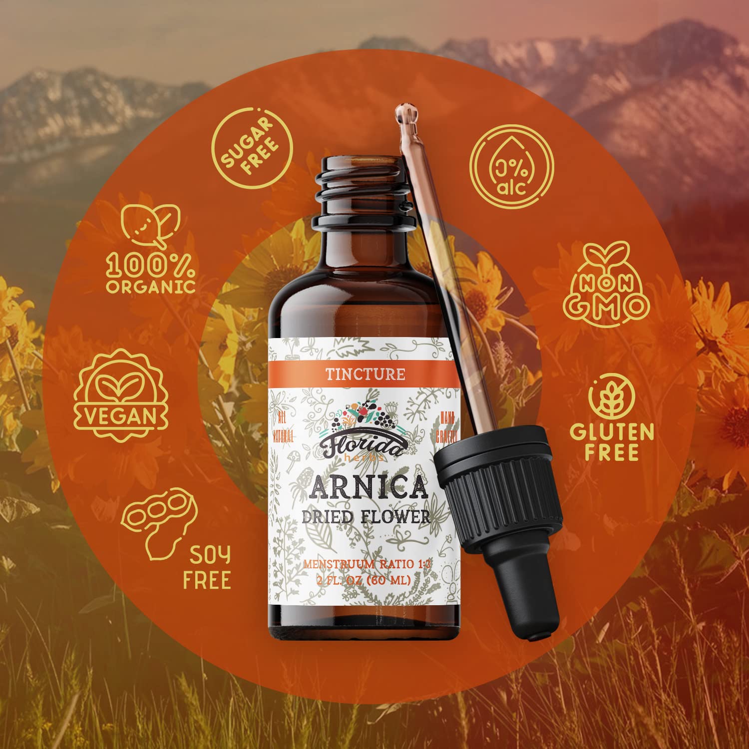 Arnica Tincture, Organic Arnica Extract (Arnica Montana) Dried Flower Herbal Supplement, Non-GMO in Cold-Pressed Organic Vegetab