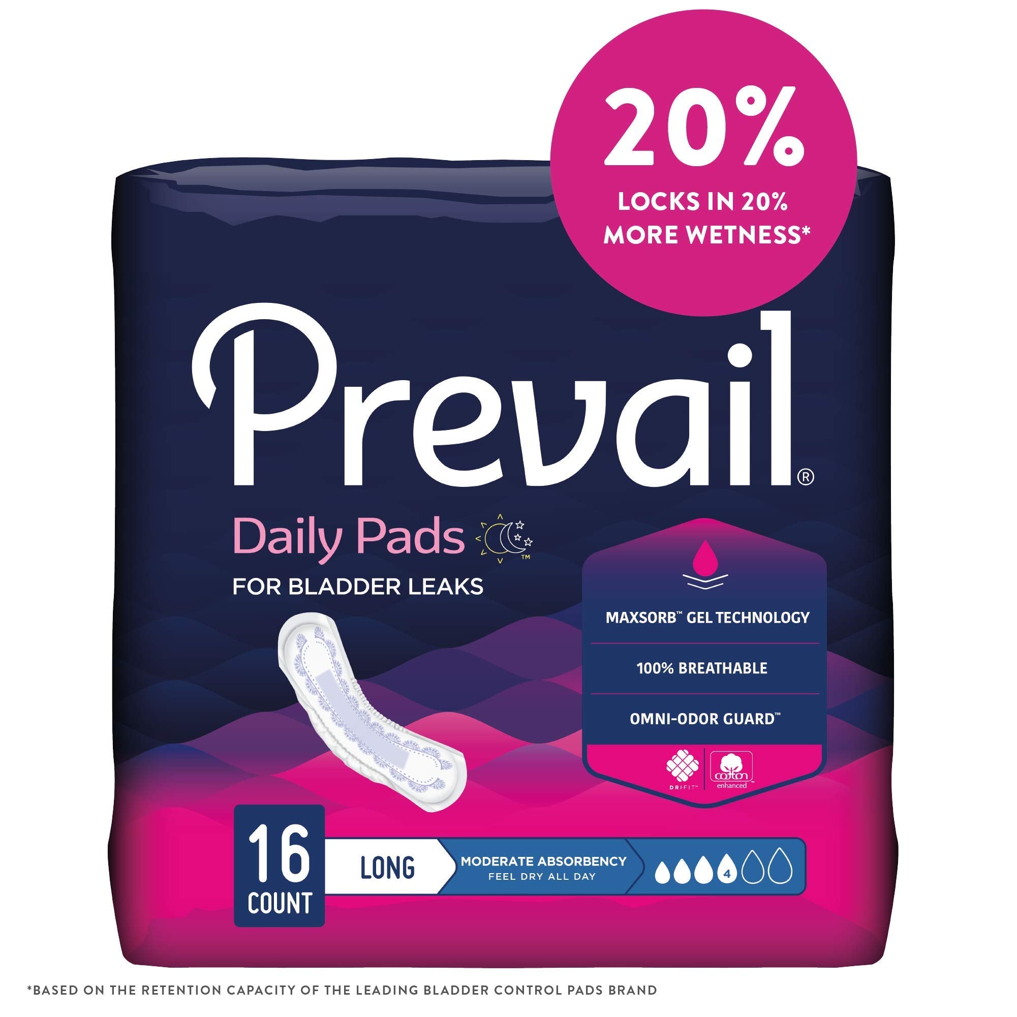 Prevail Feminine Pads, Moderate Long, 16 Count, Discreet Comfort, Reliable Bladder Leakage Protection, Innovative Design