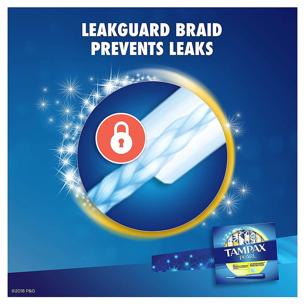 Tampax Pearl Plastic, Antigravity LeakGuard Braid, Regular Absorbency Unscented Tampons, 96 Count