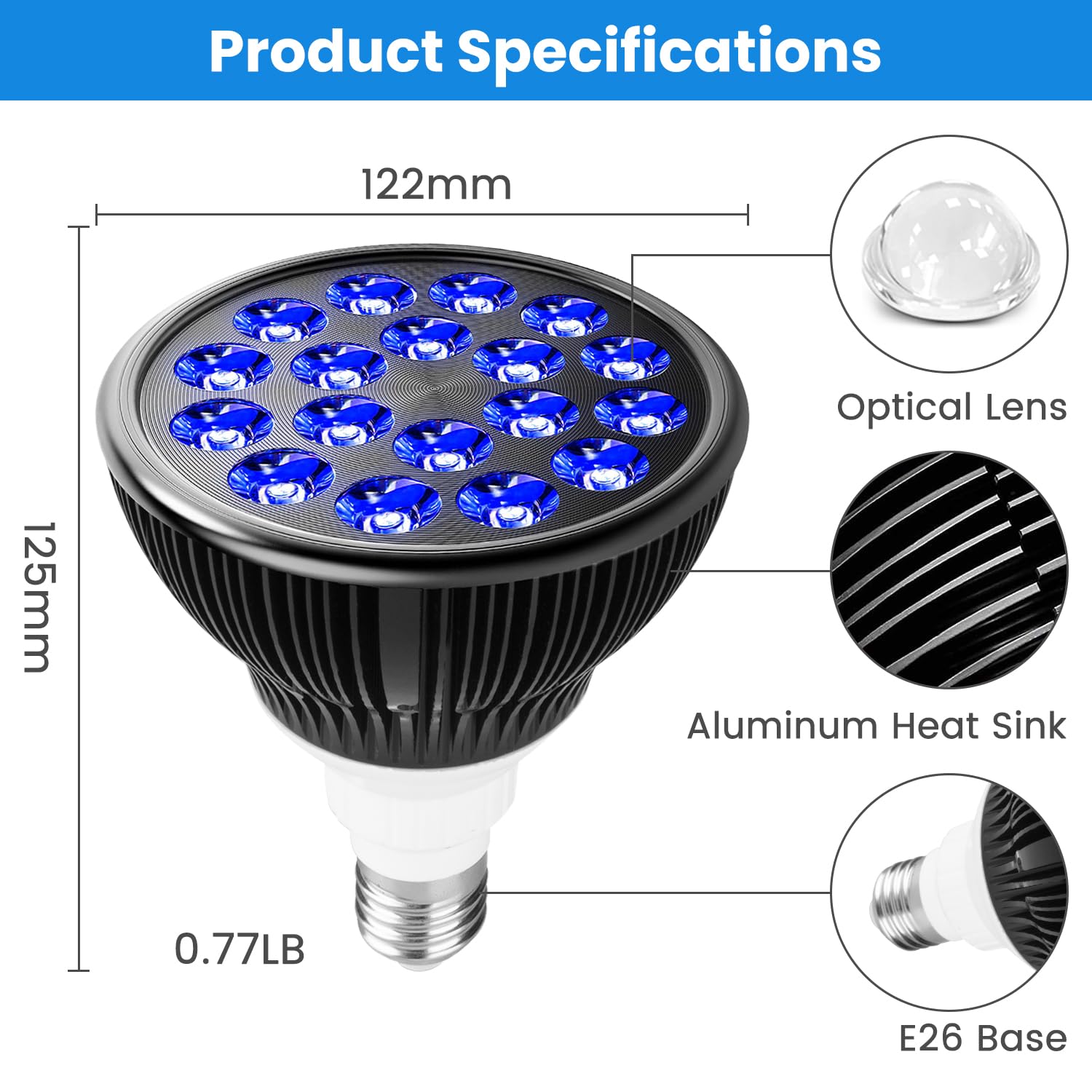 Aumtrly Blue Light Therapy Bulb, 18 LEDs Blue Light Therapy Lamp for Face and Body, High Irradiance, Large Coverage Area (Only B