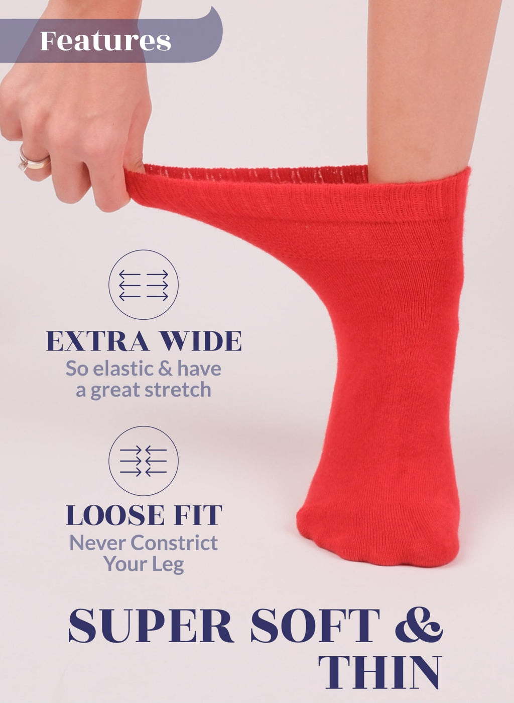Hugh Ugoli Women Diabetic Ankle Socks, Super Soft & Thin Bamboo Socks, Wide & Loose, Non-Binding Top & Seamless Toe, 4 Pairs, Re