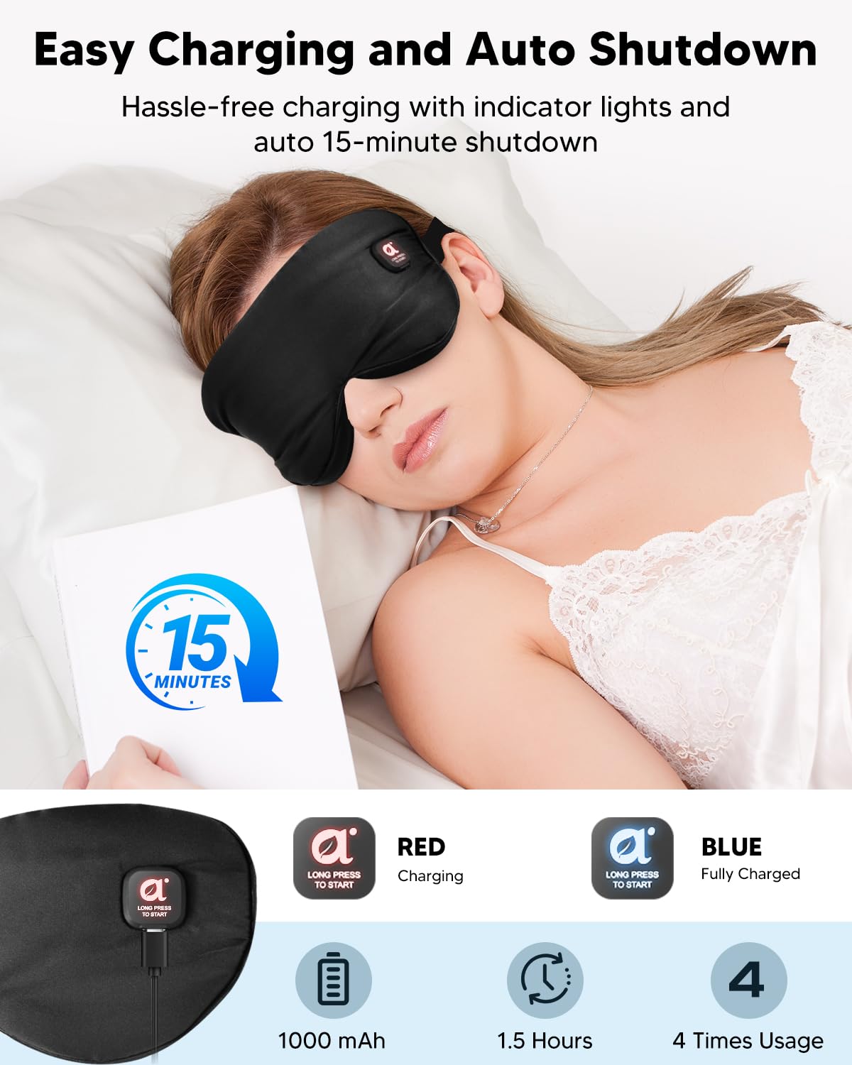 arboleaf Heated Eye Mask for Dry Eyes, FSA HSA Eligible, Cordless Rechargeable Warm Eye Compress, Temperature Control, Light Blo