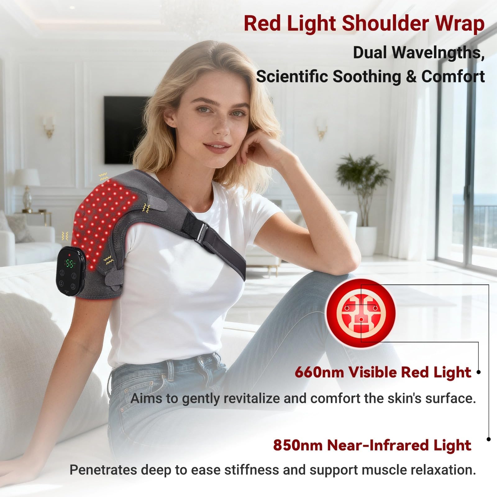 ObigaVc Cordless Shoulder Heating Pad with Massage, Red Light Massager for Soothe Discomfort, Heated Support Wrap for Muscle Com