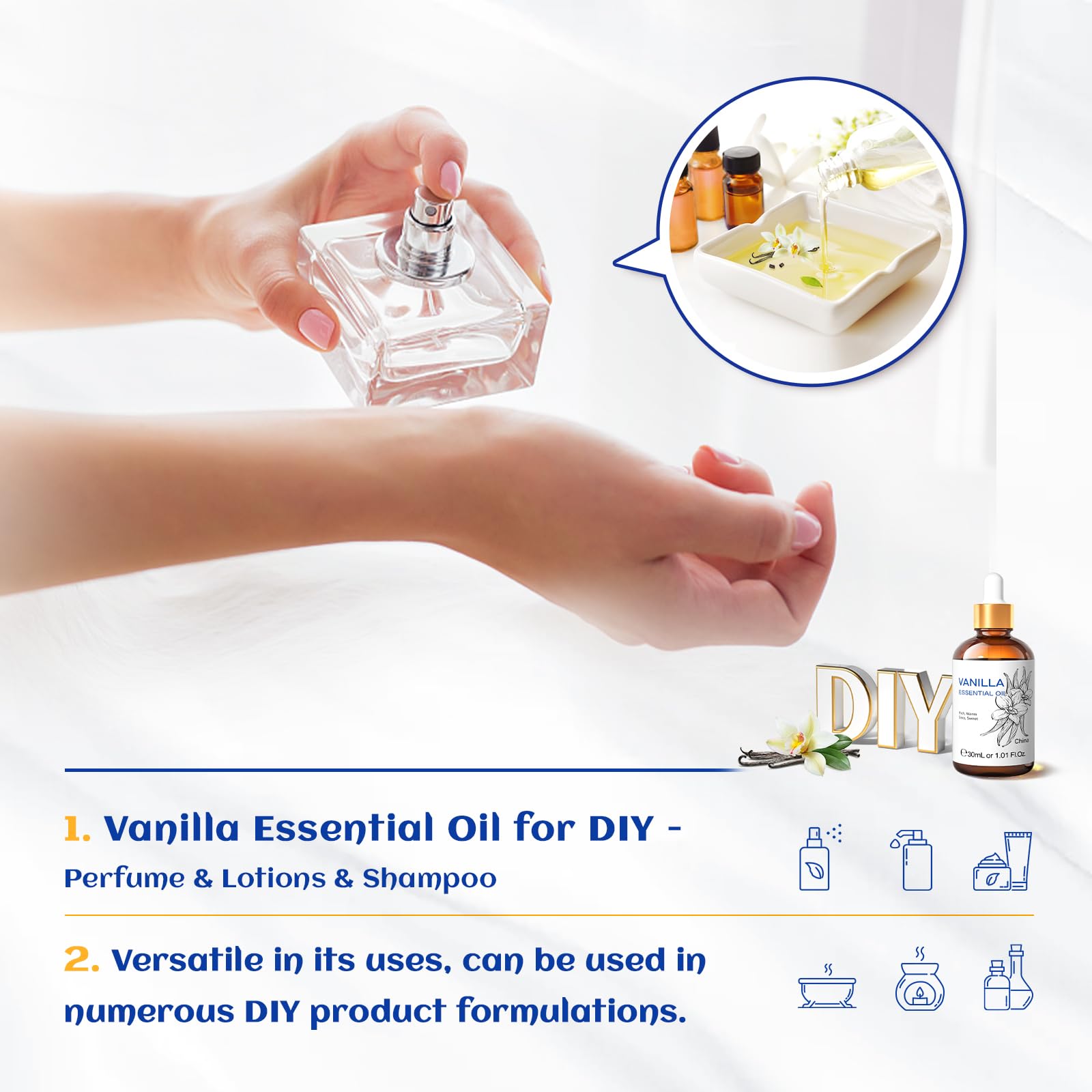 HIQILI 1 Fl Oz Vanilla Essential Oil, 100% Pure Natural Vanilla Oil for Skin, Diffuser, Perfume - 30ML