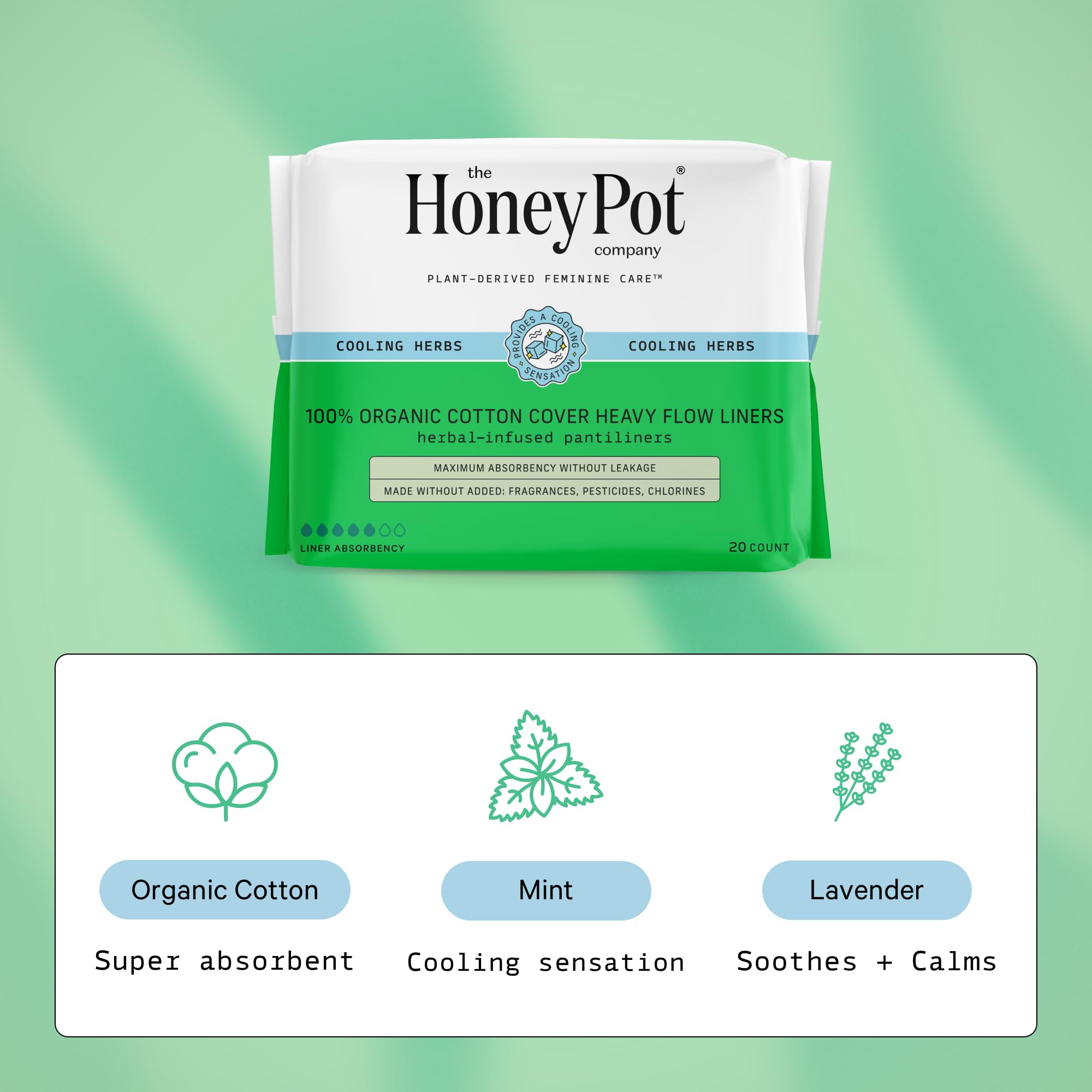 The Honey Pot Company - Herbal Panty Liners for Women - Heavy Flow w/Wings - Infused w/Essential Oils for Cooling Effect & Organ