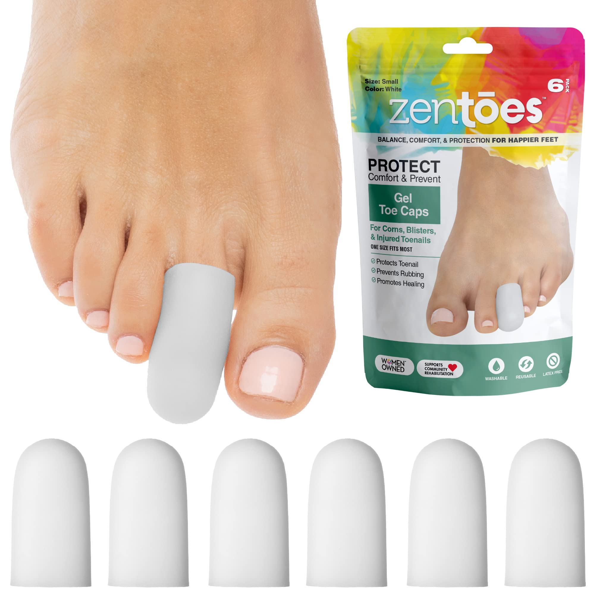 ZenToes 6 Pack Gel Toe Cap and Protector - Cushions and Protects to Provide Relief from Missing or Ingrown Toenails, Corns, Blis