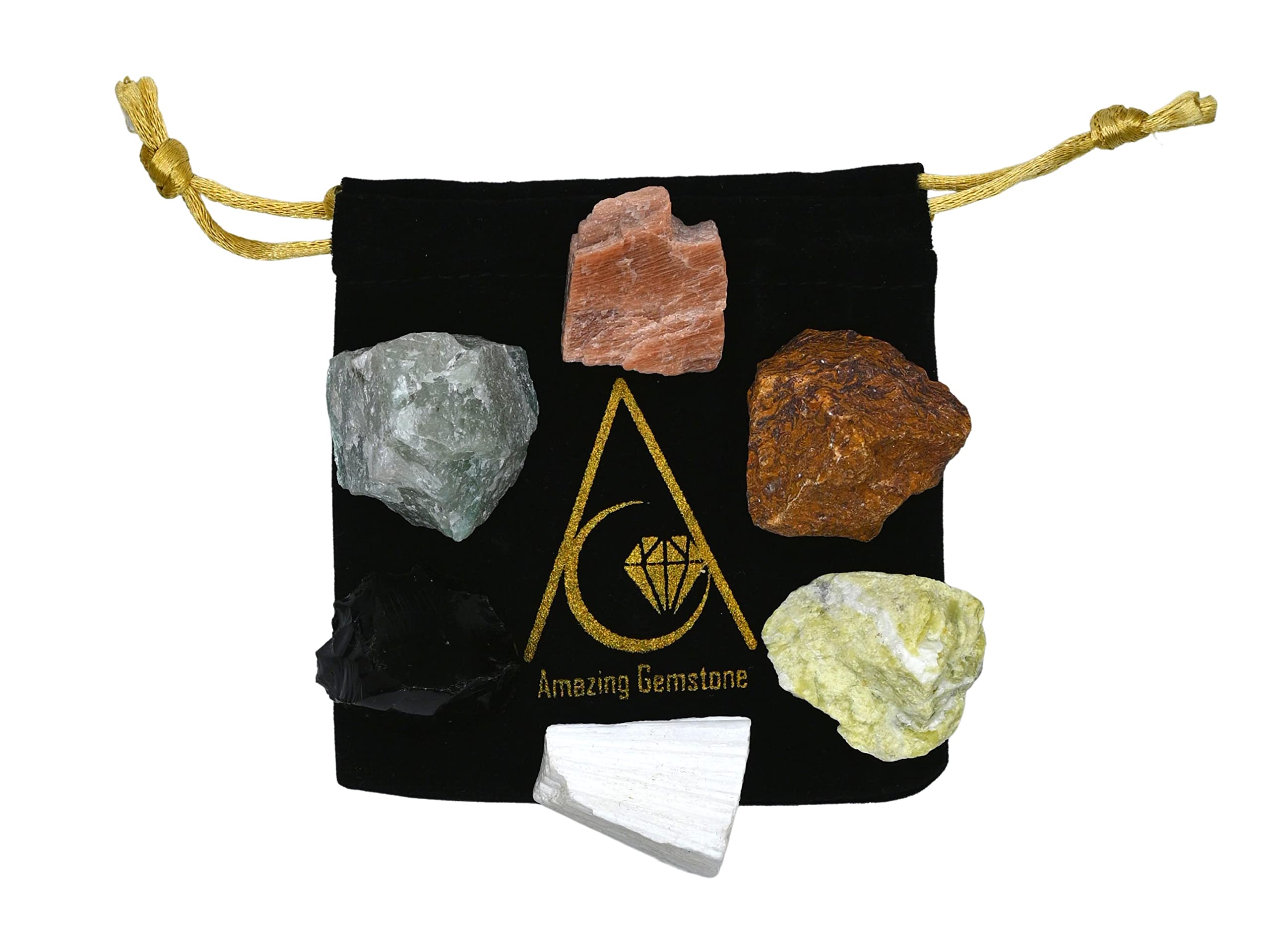 Crystals for Breaking Attachments Manifestation, Set of 6 Green Aventurine, Black Obsidian, Scolecite, Peach Moonstone, Mariyam