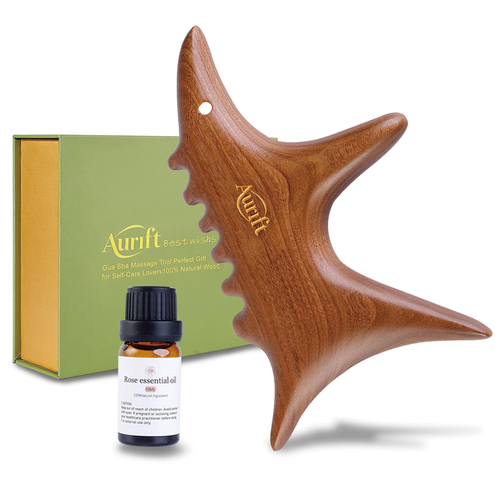 Aurift Body Gua Sha Tool Set with Rose Oil, Christmas Gifts for Adults Women, Wood Therapy Massage Tools for Body & Face, Lympha