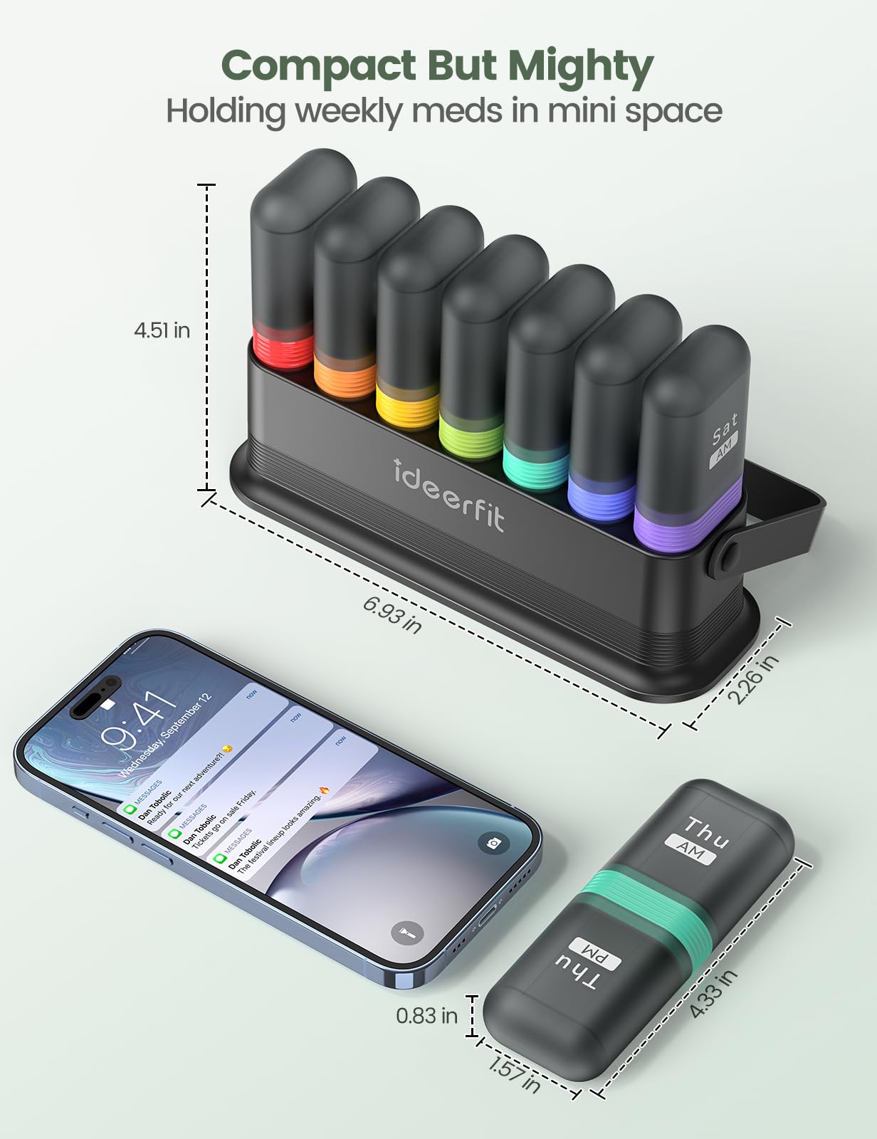 Weekly Pill Organizer 7 Day Two Times a Day, Rotatable Silicone Handle & 7 Detachable Daily Cases, Built-in Desiccant Moisture-P