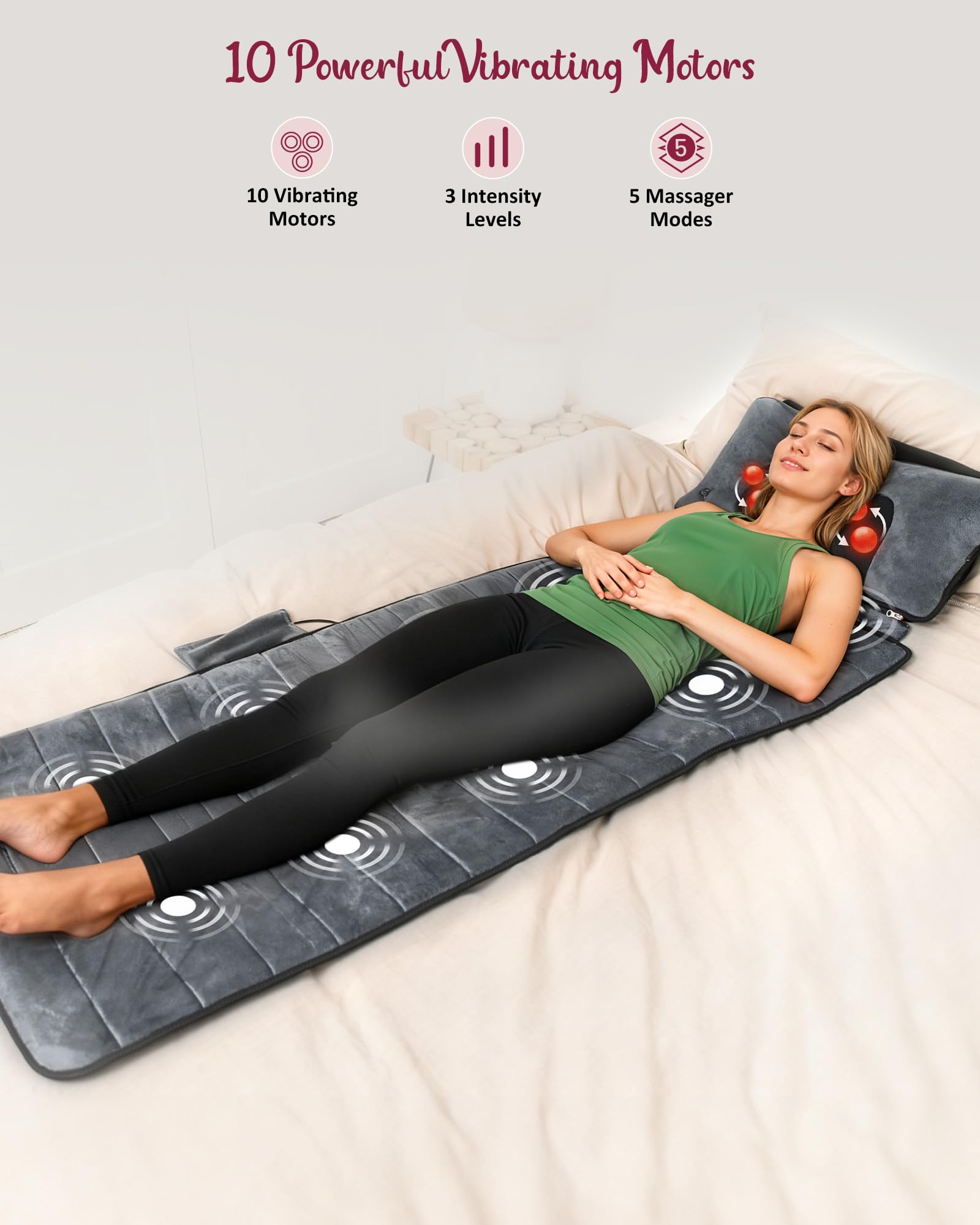 THERAZZAGGE Full Body Massage Mat with Heat, Independent Shiatsu Neck Massager Pillow, 10 Vibration Motors, 5 Modes & 3 Intensit