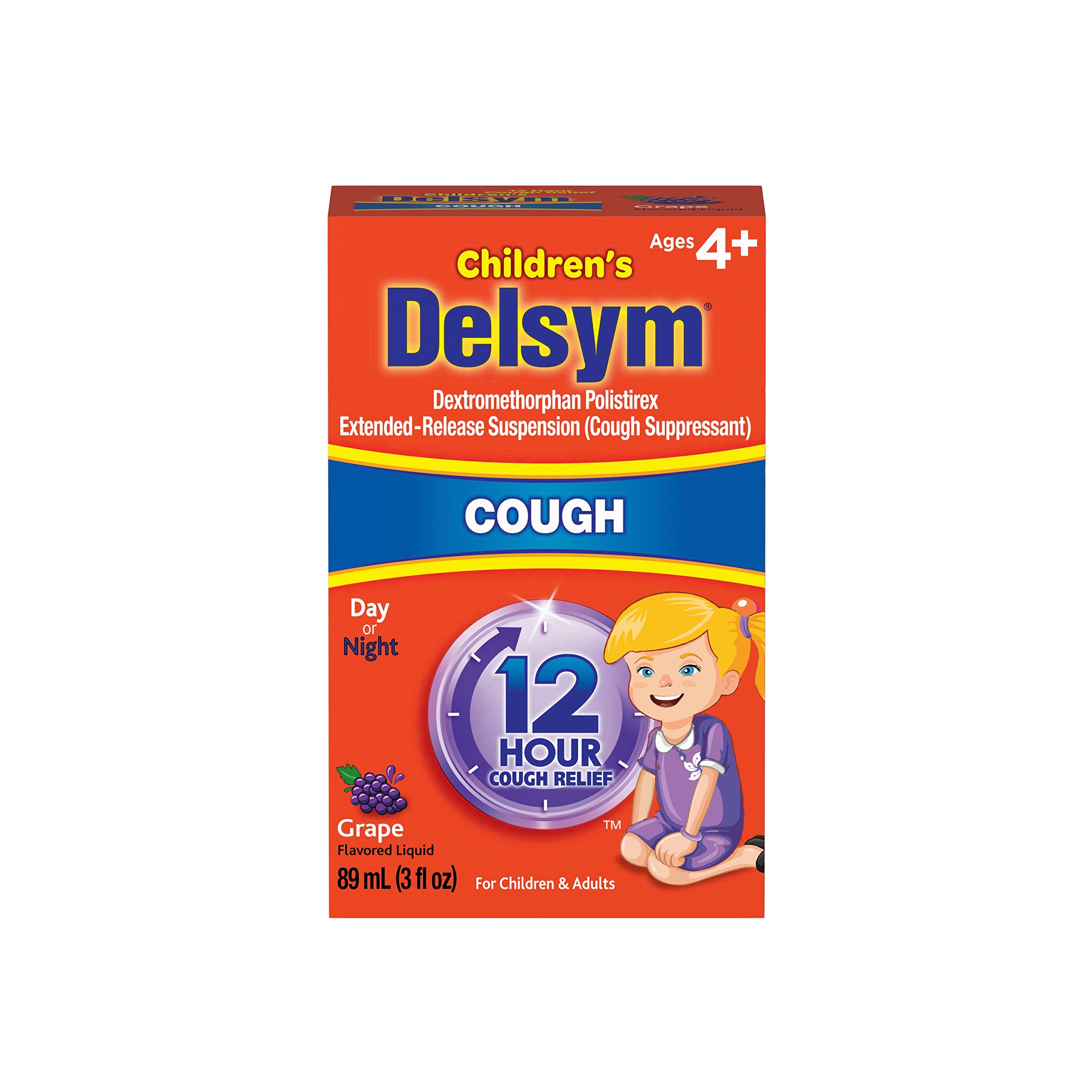 Delsym Childrens 12 Hour Cough Relief Liquid - Day or Night Cough Syrup and Kids Cough Medicine, Grape, 3 Oz