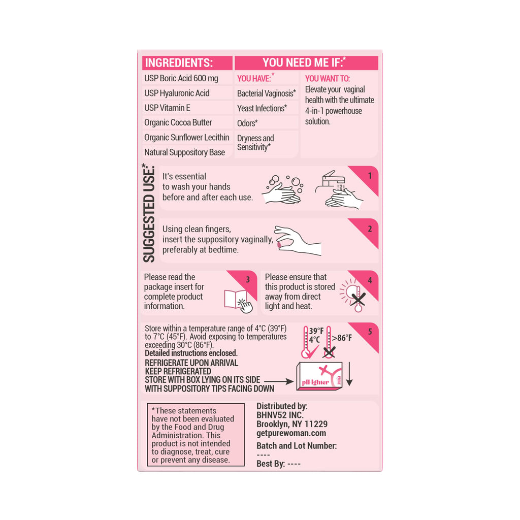 PURE WOMAN pH-ighter 10 Vaginal Boric Acid Suppositories for Women with Hyaluronic Acid - 4 in 1 Vaginal Suppositories for Disco