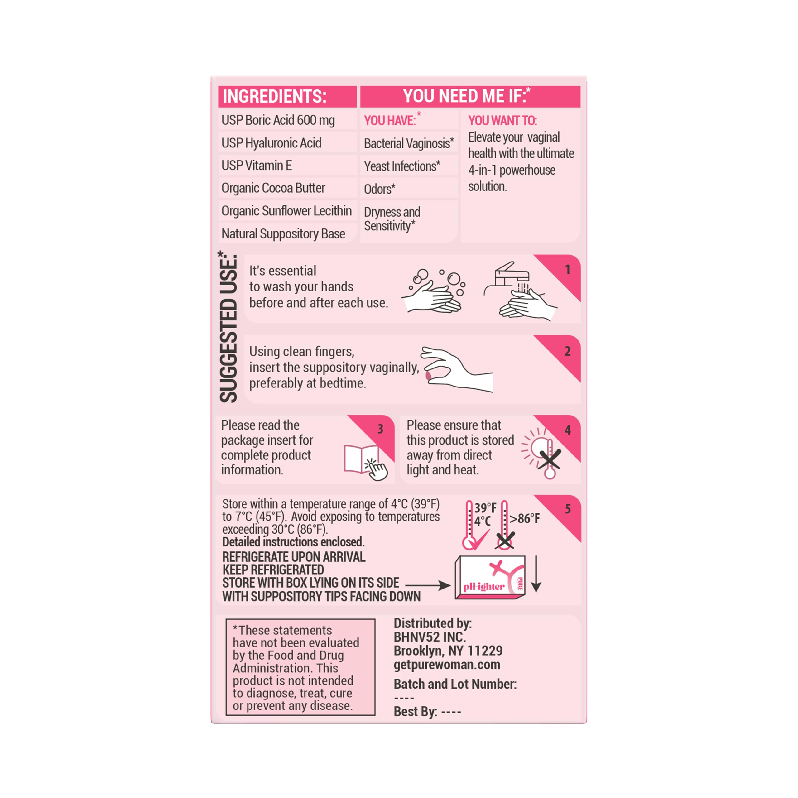 PURE WOMAN pH-ighter 10 Vaginal Boric Acid Suppositories for Women with Hyaluronic Acid - 4 in 1 Vaginal Suppositories for Disco