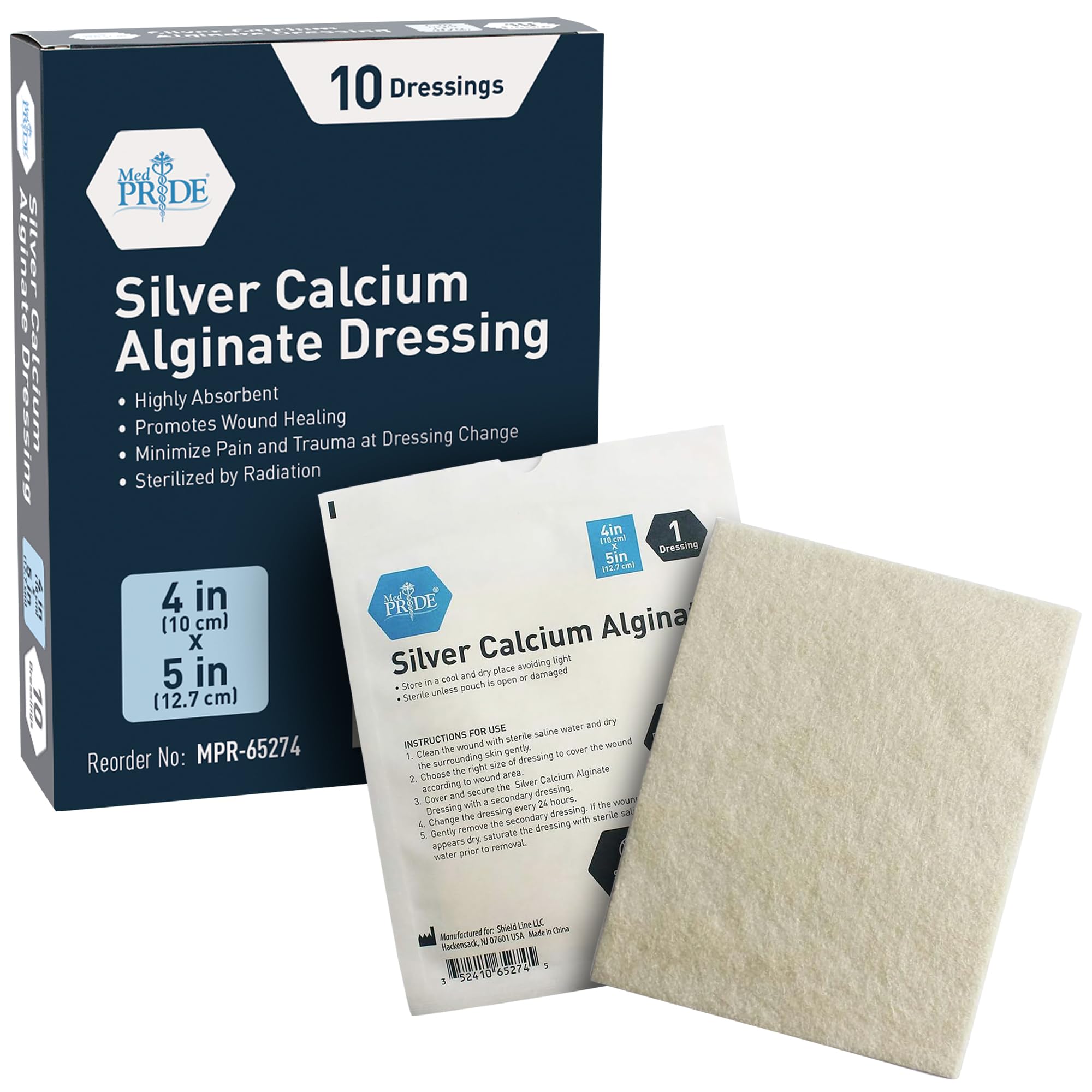 MED PRIDE Silver Calcium Alginate Wound Dressing 4X5 Pads Non-Stick Highly Absorbent 10-Pack