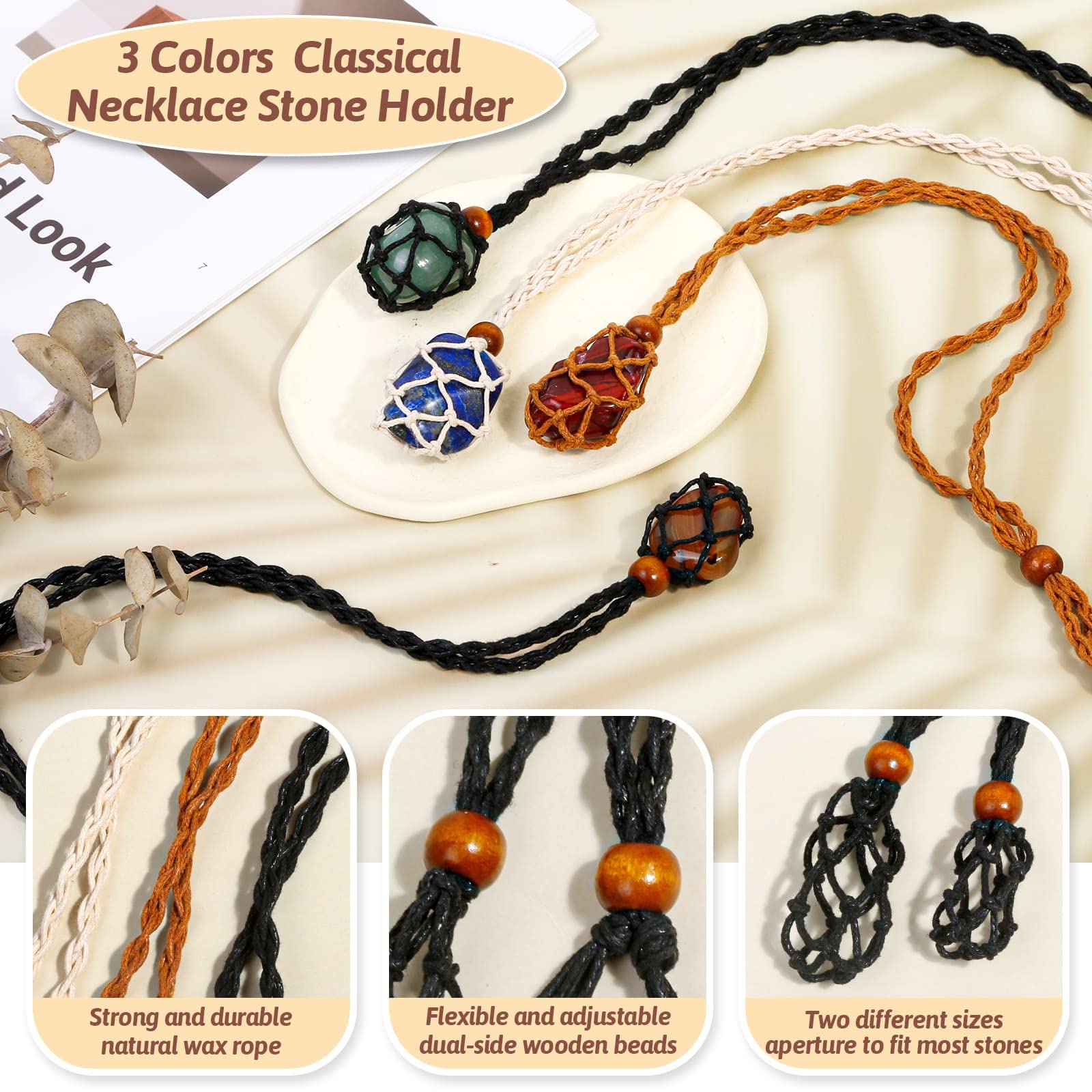 Crystals Necklace Holders and Healing Stones Set, 6Pcs Adjustable Crystal Cage with 7 Chakra Crystals and Healing Stones for Yog