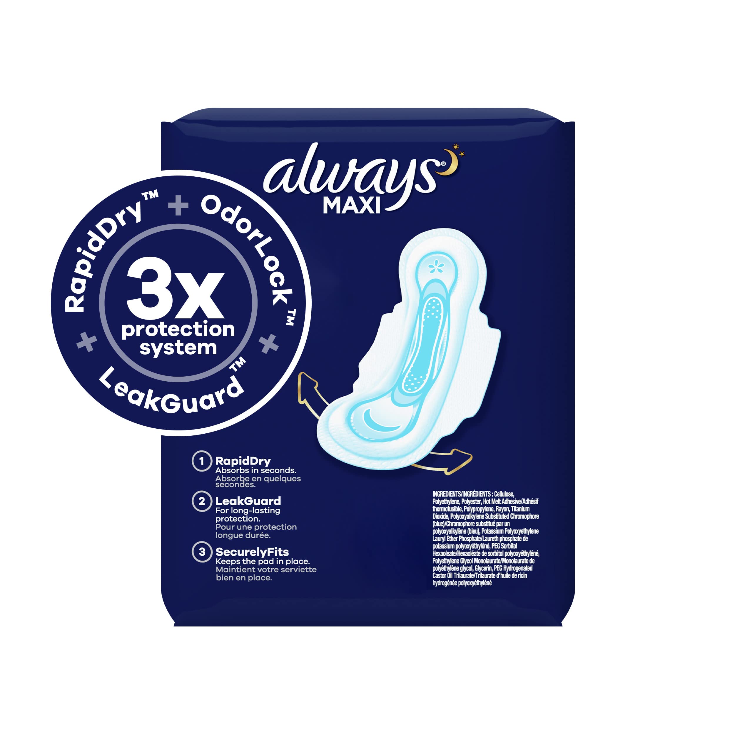 Always Maxi Feminine Pads for Women, Size 4 Overnight Absorbency, Without Wings, Unscented, 28 Count