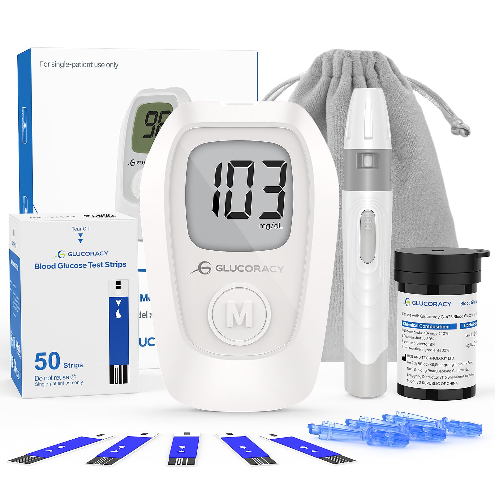 Glucoracy G-425 Blood Glucose Monitor Kit, Blood Sugar Test Kit with Lancing Device, 50 Test Strips and 50 Lancets, Glucose Mete