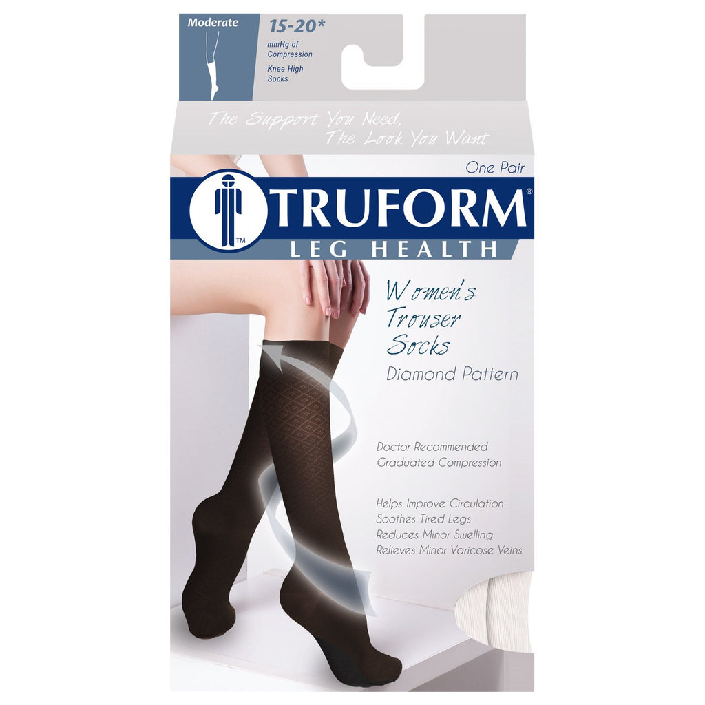 Truform Compression Socks, 15-20 mmHg, Women's Dress Socks, Knee High Over Calf Length, White, Large, 1976WH-L