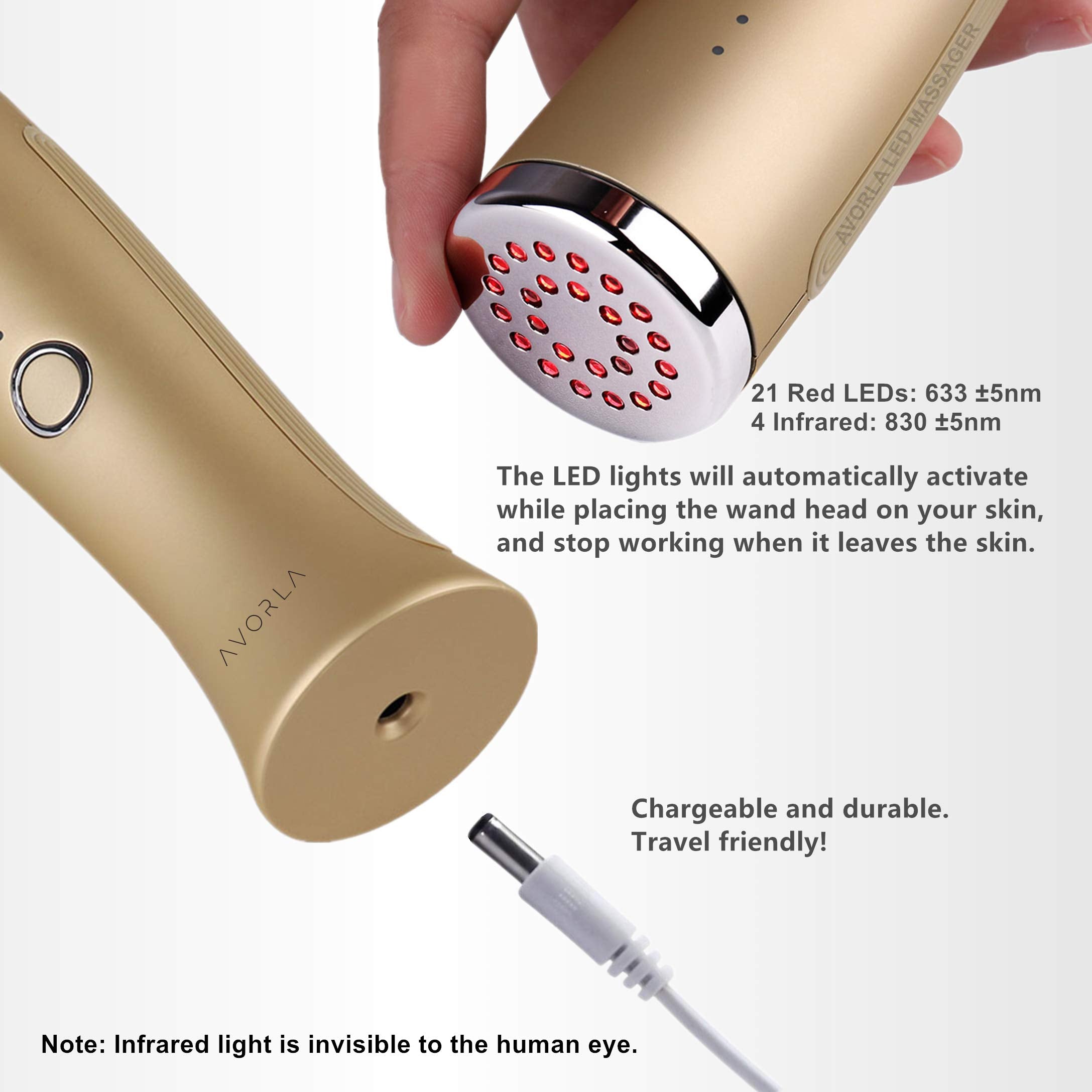 AVORLA I Red Light Infrared Therapy Facial Wand I at-Home Skin Care Device, Anti Wrinkle Facial Massager (Gold)