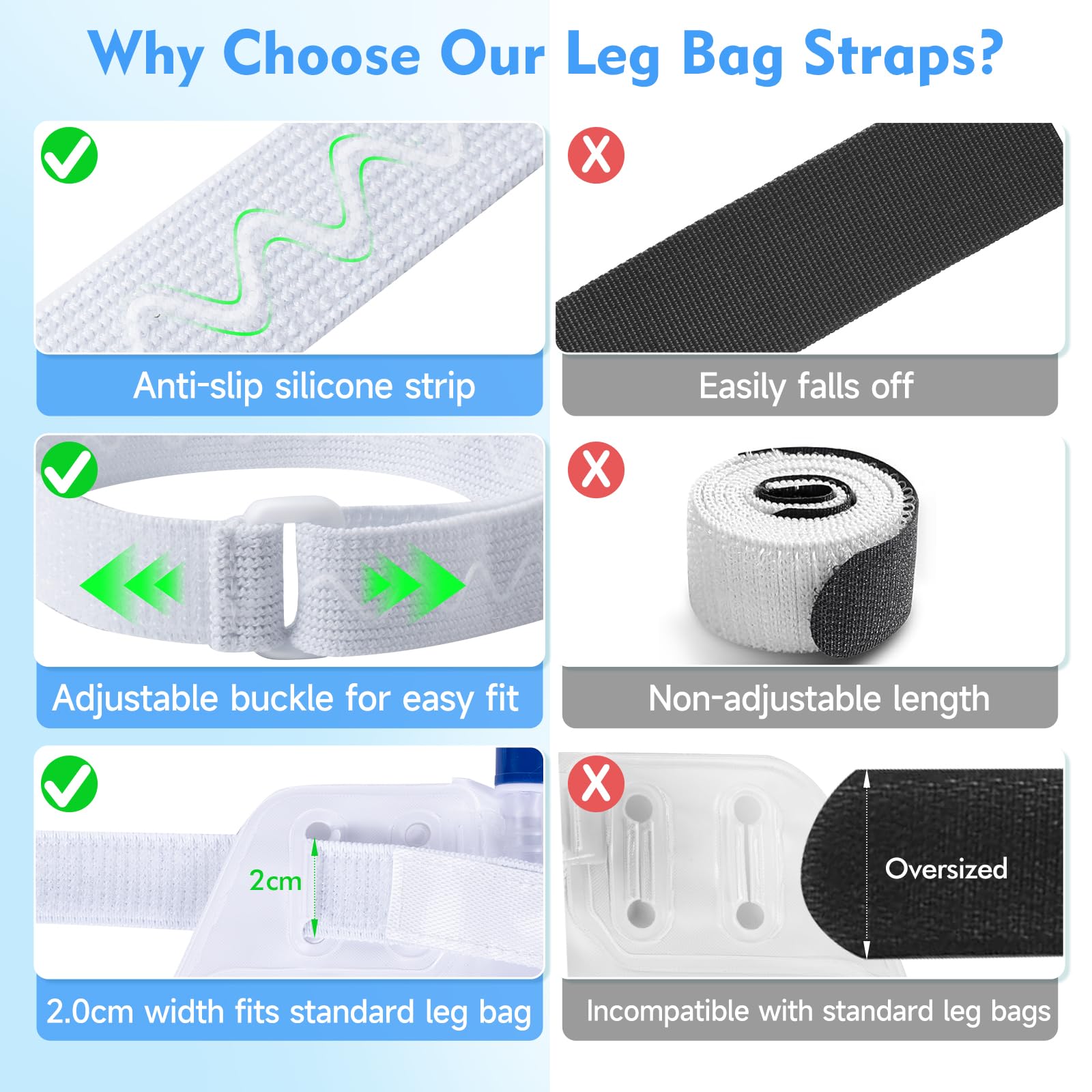 SorealGroup 6PCS Leg Bag Straps | Anti-Slip Silicone Strip & Adjustable Buckle | 40cm-70cm Elastic Fit | Standard 2.0cm Width Co