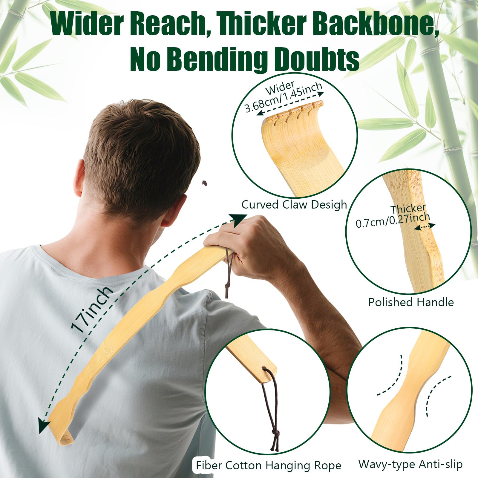Renook Back Scratcher Bamboo - 3 PCS 17   Wooden Back Scratchers Long Handle,Back-Scratcher for Men, Women & Kids, Body Itchin