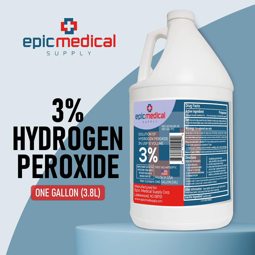 Epic Medical Supply Hydrogen Peroxide Gallon First Aid Antiseptic and Multipurpose Cleaner, 3% USP, Topical Wash for Minor Cuts,