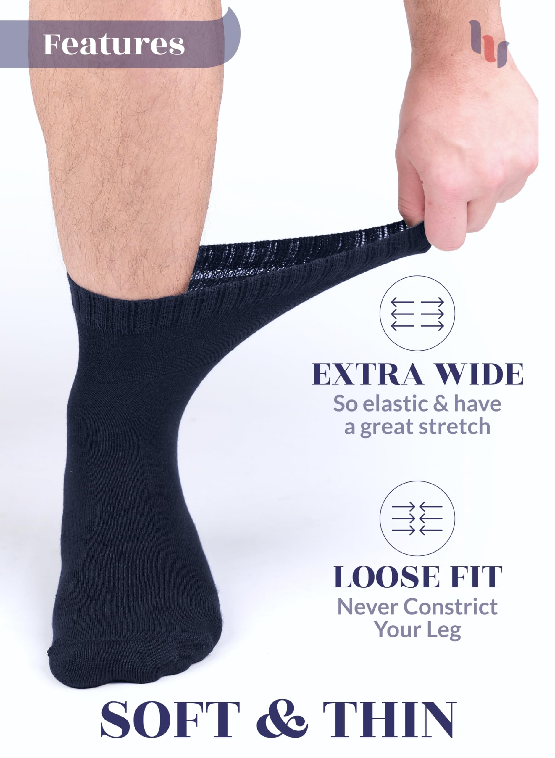Hugh Ugoli Diabetic Socks for Men, Loose Ankle Socks Bamboo, Extra-Wide, Thin, Seamless Toe and Non-Binding Top, 4 Pairs, Navy B