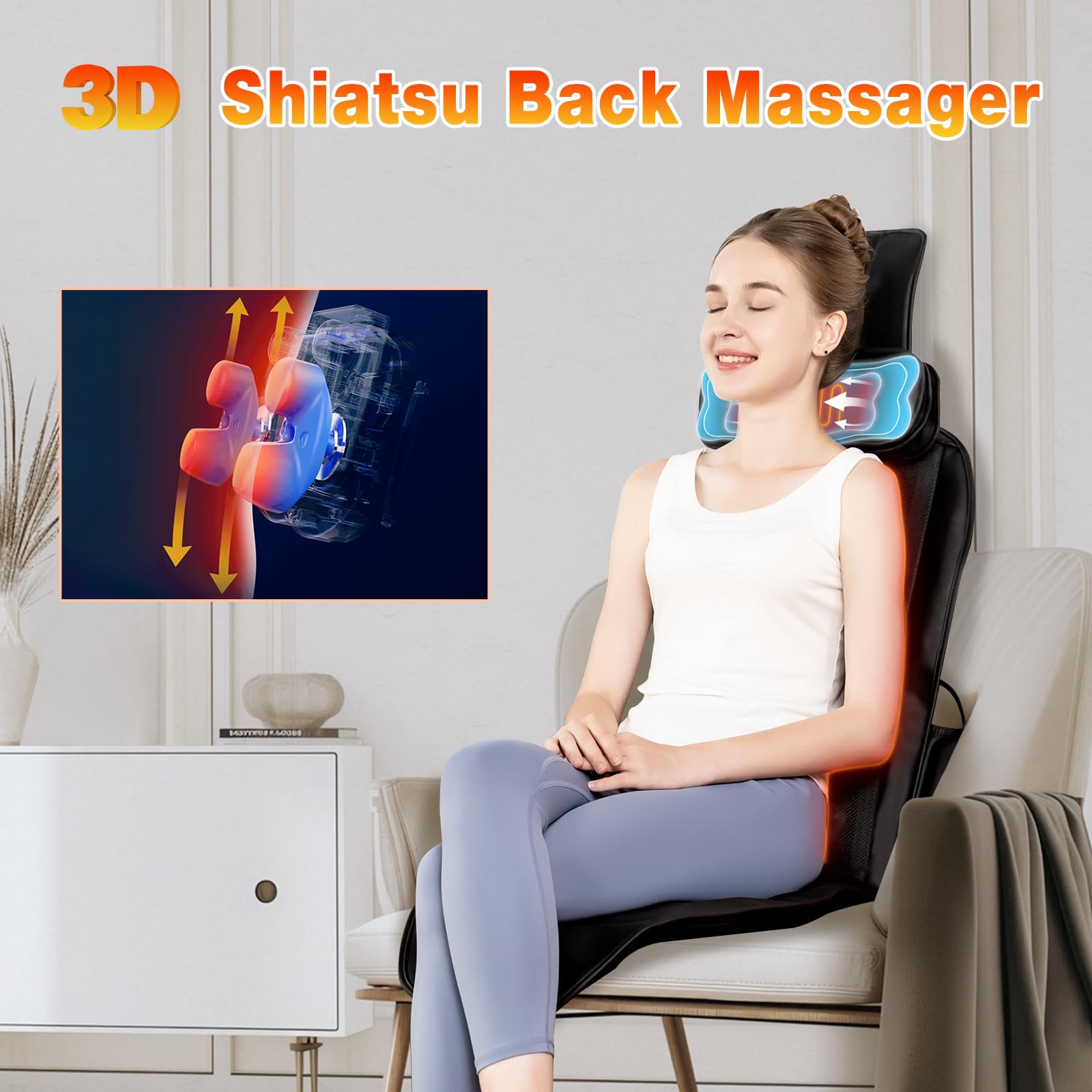 comrelax Shiatsu Back Massager with Heat, Massage Chair Pad for Full Back, Seat Massager for Office/Home,Gift for Father/Mother