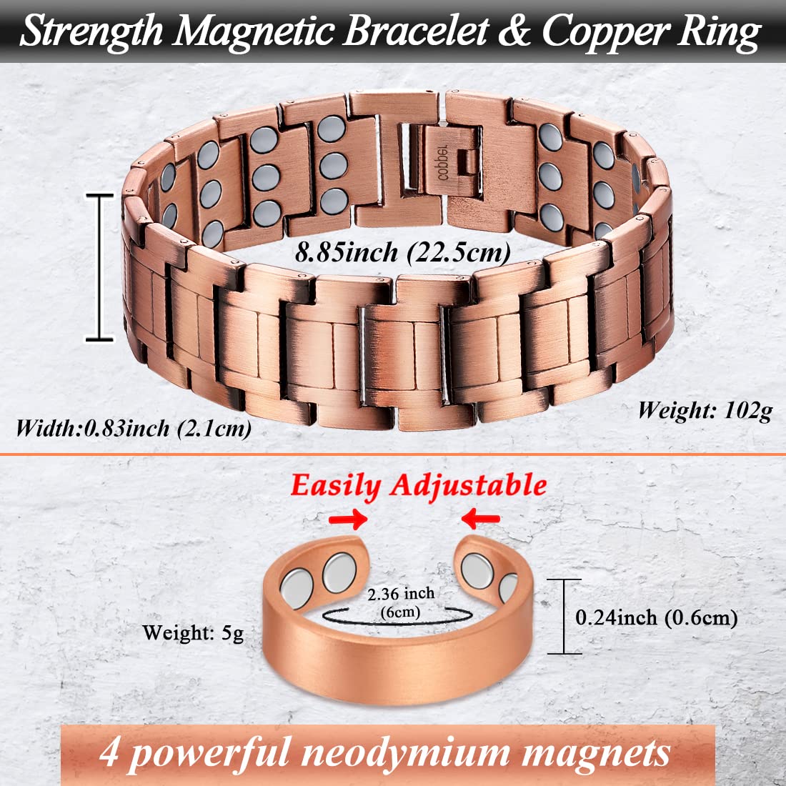 Cigmag 3X Copper Bracelet for Men Triple Ultra Strength Magnets, 99.99% Pure Copper Magnetic Bracelet & Copper Ring Set with Adj