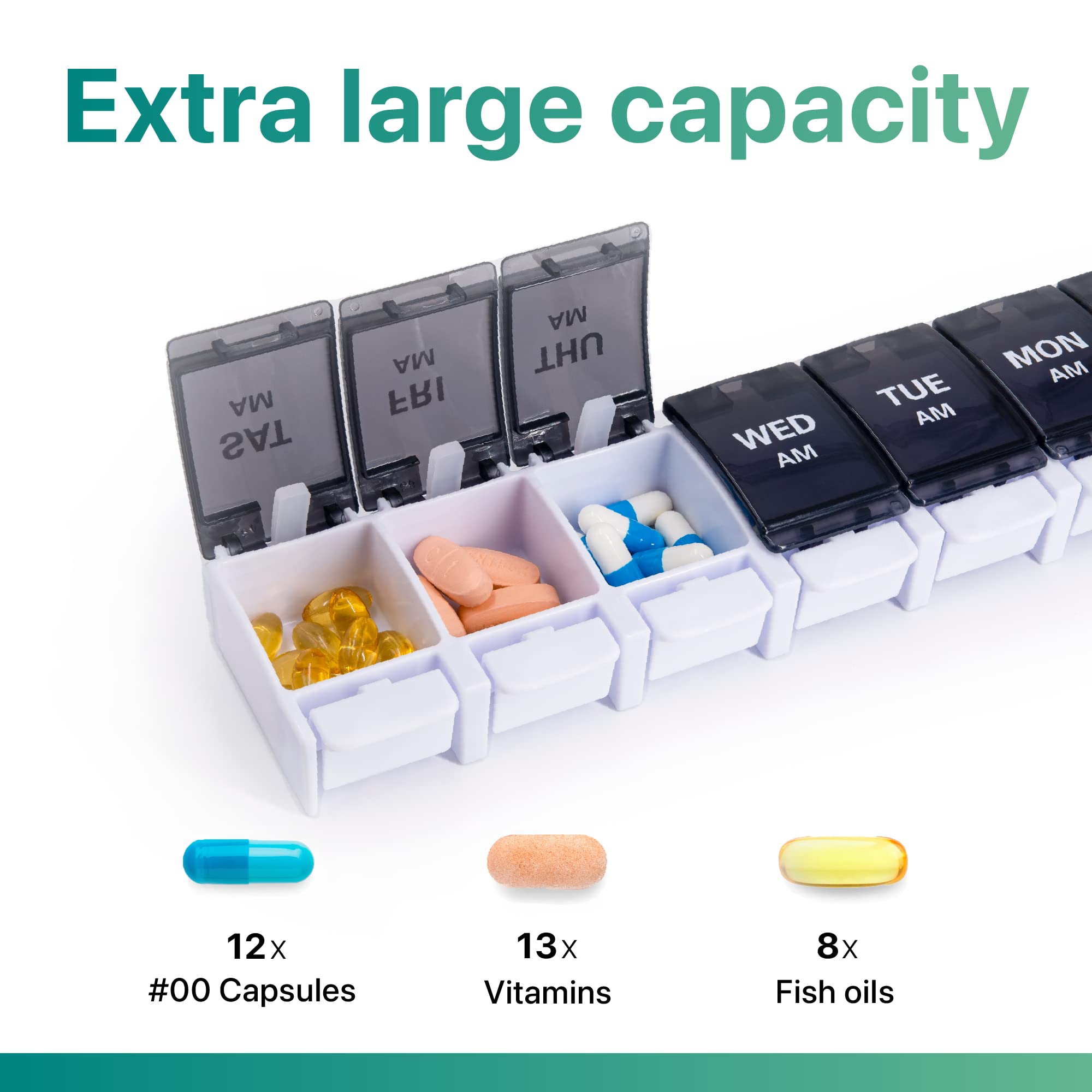 Sukuos AM PM Weekly 7 Day Pill Organizer, 2 Times A Day Pill Box with Arthritis Friendly Push Button, Medicine Cases for Vitamin