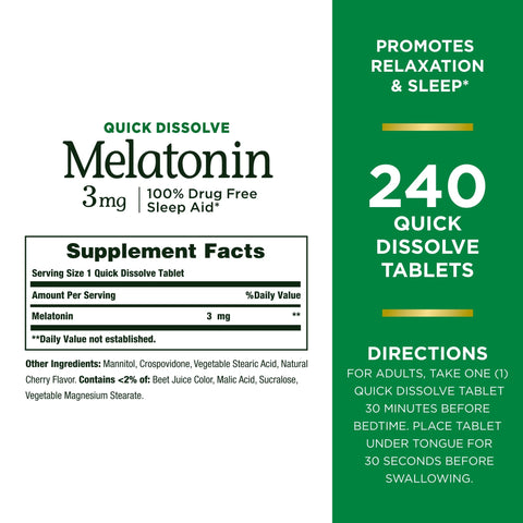 Natures Bounty Melatonin 3mg, 100% Drug Free Sleep Aids for Adults, Supports Relaxation and Sleep, Dietary Supplement, 240 Count