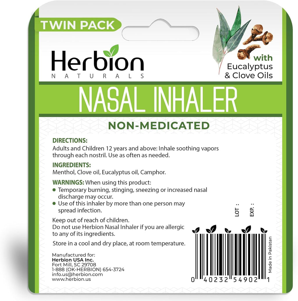 Herbion Naturals Nasal Inhaler Non-Medicated, 0.05 Fl Oz (1.5ml) - Relieves Nasal Congestion & Blockage, Sinusitis & Allergic Co