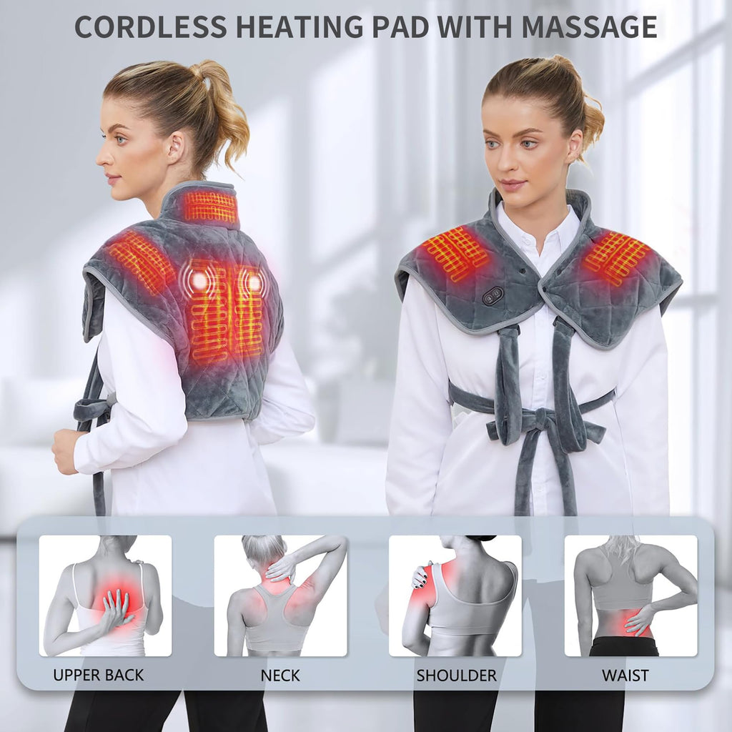 Vofuoti Heating Pad for Neck and Shoulders, Portable Cordless Heating Pad with Massager and Battery, Weighted Electric Heated Ne