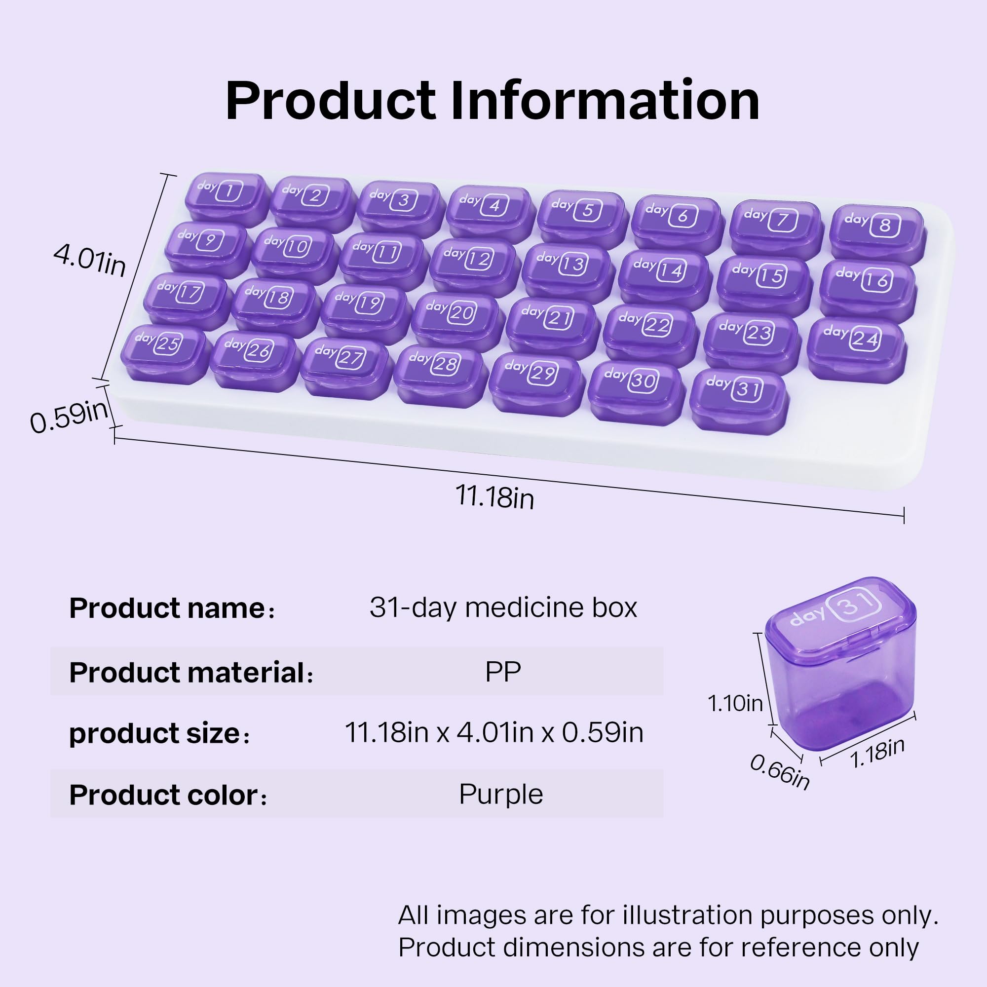 UHZBTEC Monthly 31 compartments Pill Organizer Day Pill Organizer for Medicine Vitamin Holder Container (Purple)
