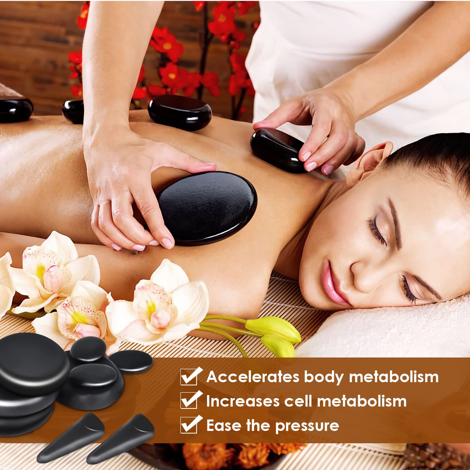 Tiskgg 18Pcs Massage Stones Set, Hot Stones with Warmer, 4 Sizes, Hot Stone for Professional or Home spa/Relaxing