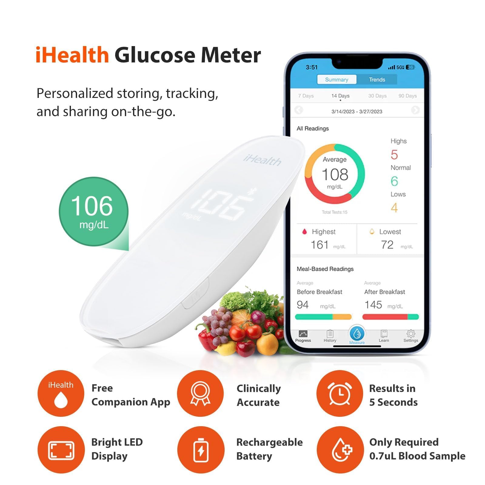 iHealth Gluco+ Wireless Smart Blood Glucose Monitor Kit with Free App, 100 Glucometer Strips, 100 Lancets, 1 Blood Sugar Monitor