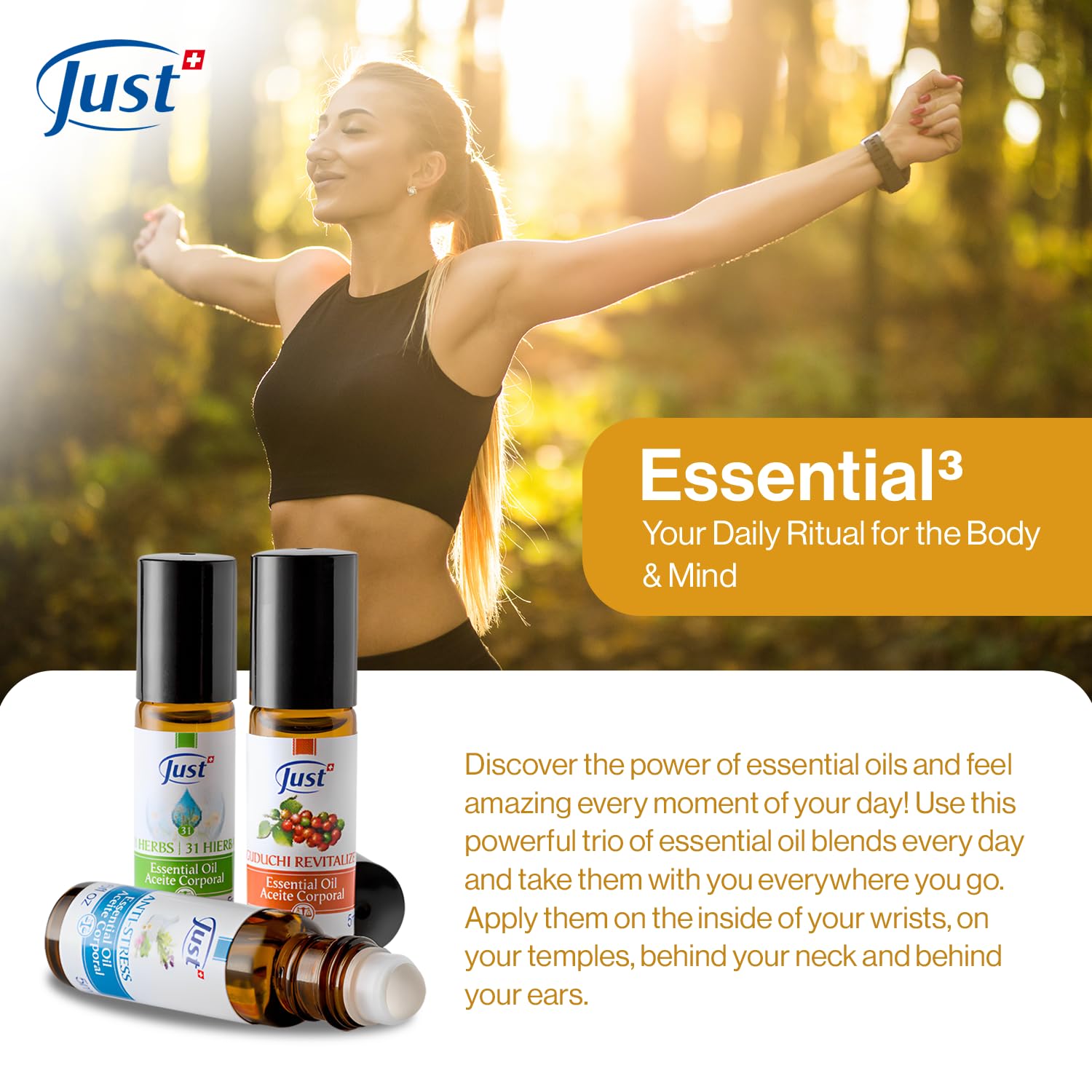 Swiss JUST Essential Oil - 3 Piece Set - Relaxation Trio for Sense Aromatherapy Bliss - 31 Herbal Oil, Guduchi, and Anti-Stress