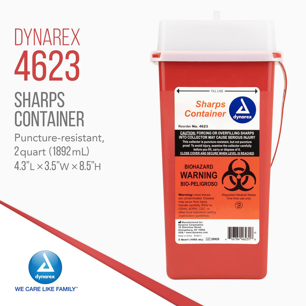 Dynarex 4623 Sharp Container, Provides a Safe Disposal of Medical Waste and Needles, Non-Sterile & Latex-Free, 2 Quarts, Made wi