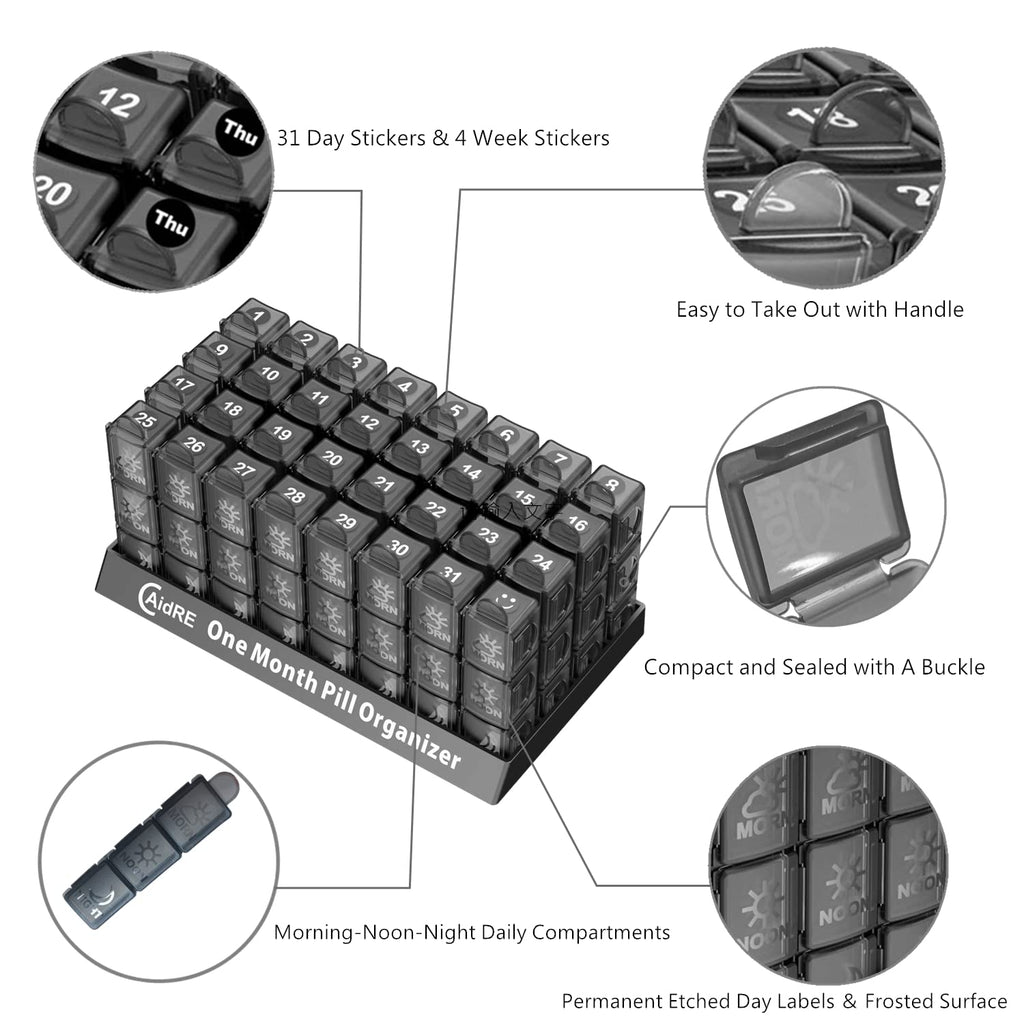 CAidRE Monthly Pill Organizer 3 Times A Day, One Month Pill Box Organizer Morning-Noon-Night, 31 Day Pill Organizer with 32 Dail